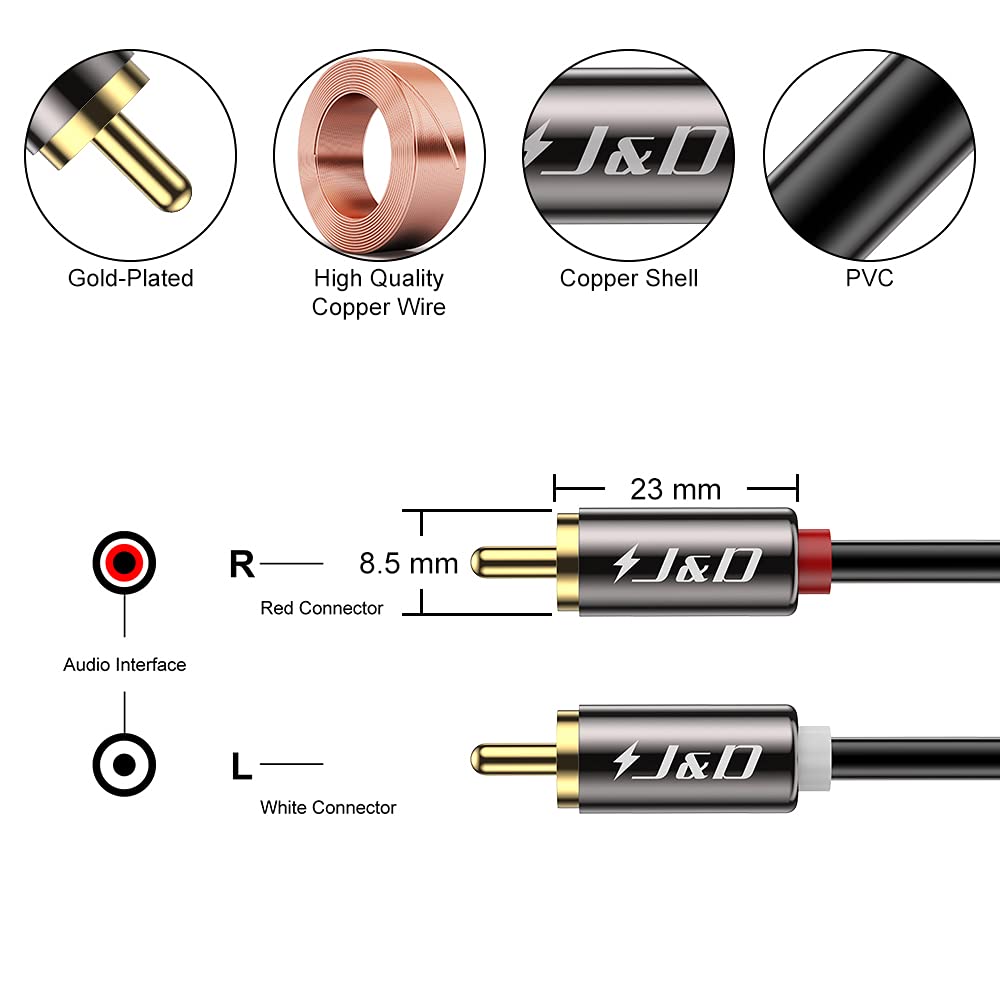 Premium J&D 2-Pack Gold-Plated RCA Audio Cables - 6ft Male to Male Stereo Cable with Copper Shell for Home Theater, Sound System & DJ Equipment - High-Quality Audio Connection for Speakers, Amplifiers & Turntables