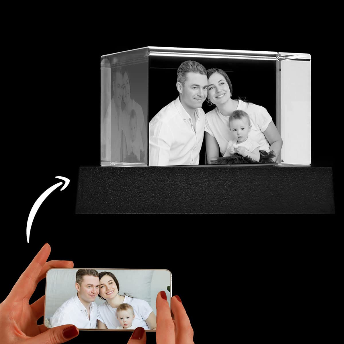 Custom 3D Crystal Photo Gift - Personalized Laser Etched Picture for Women, Men, Mom, Dad, Sister, Brother, Grandma - Unique Birthday, Anniversary & Memorial Gift with Black Light Base (Medium Landscape) - Perfect for Home Decor, Wedding Keepsakes & Special Occasions