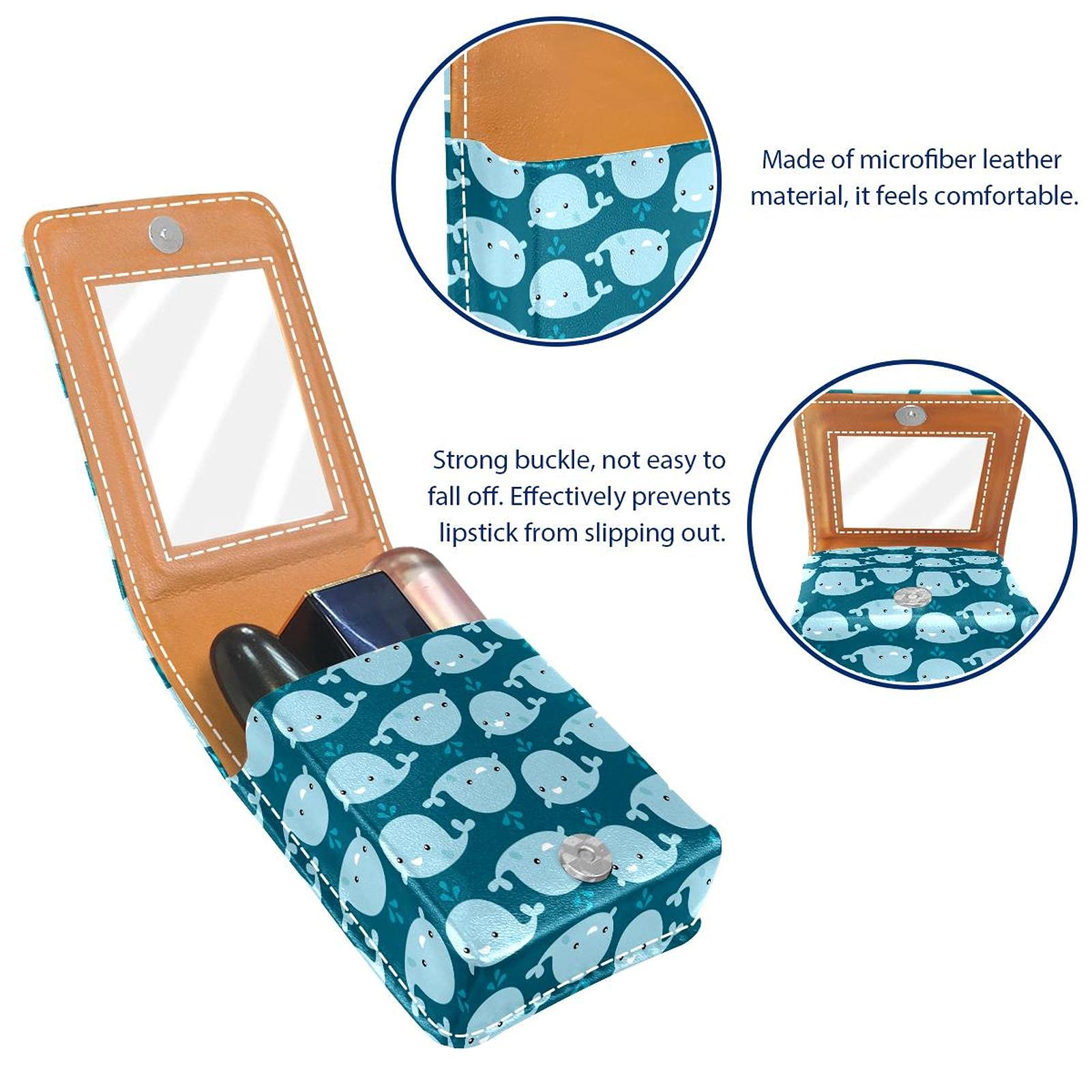 Whale Print Portable Lipstick Holder with Mirror - Cute Mini Makeup Organizer for Women (Holds 3 Lipsticks) - Perfect for Travel, Purse & On-the-Go Touch Ups