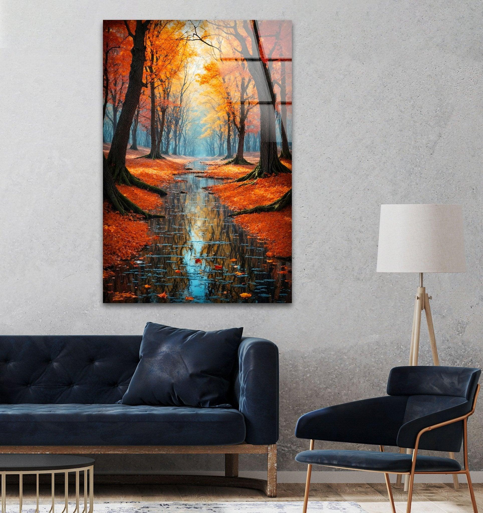 Stunning Fall Forest Art Print on Glass - Autumn Pathway Reflections Wall Decor for Living Room, Bedroom & Office