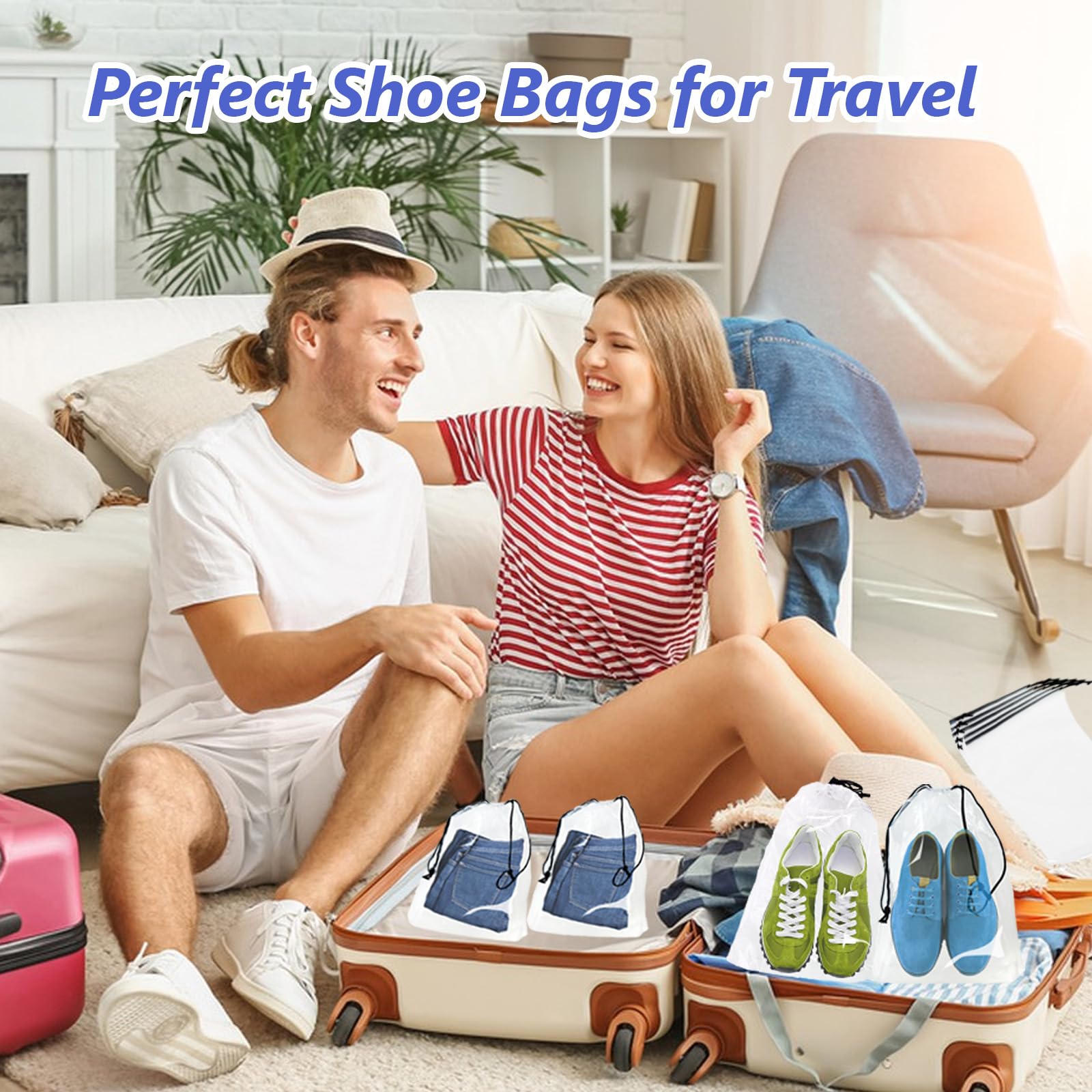 50 Pack Clear Travel Shoe Bags with Drawstring - Large Transparent Shoe Storage Organizers for Men & Women - Perfect for Packing, Gym, Travel & Dust Protection