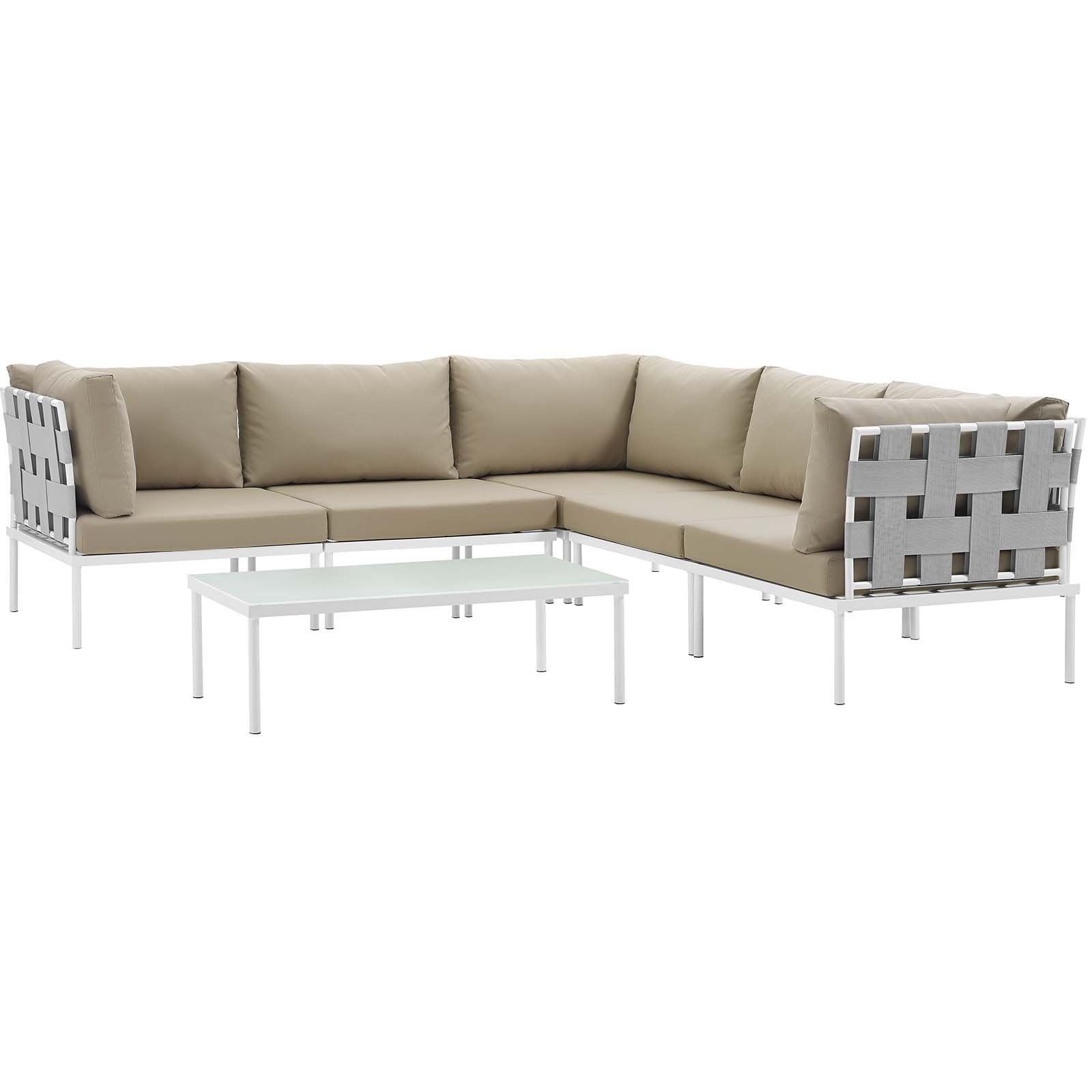 Modway Harmony 6-Piece Aluminum Outdoor Patio Furniture Sectional Sofa Set with Weather-Resistant Cushions in White Beige - Perfect for Backyard, Garden, Poolside & Patio Relaxation