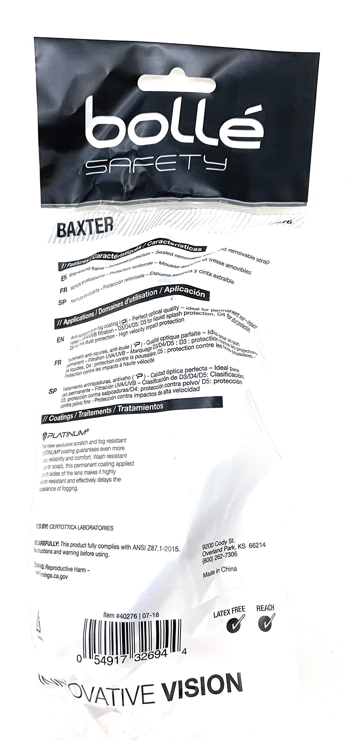 BOLLE SAFETY Baxter Series Safety Glasses - Clear Lens with Platinum Anti-Fog & Anti-Scratch Coating (Model 40276) | Perfect for Construction, Woodworking, and DIY Projects
