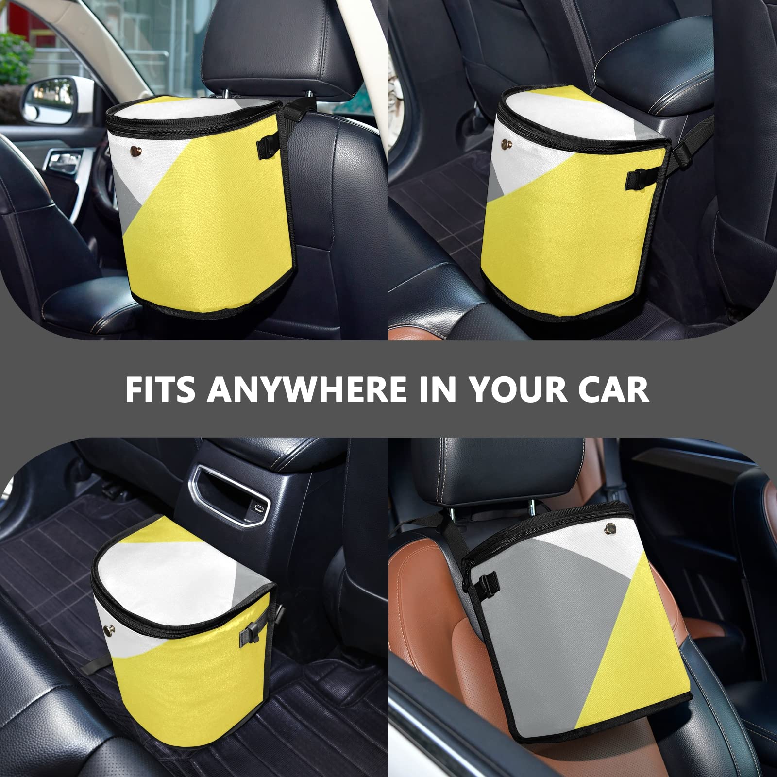 Yellow and Gray Geometric Car Trash Can - Leak Proof Hanging Garbage Bin with Lid | Waterproof Vehicle Waste Basket for Truck, Minivan, SUV | Perfect for Road Trips, Commuting & Keeping Your Car Clean