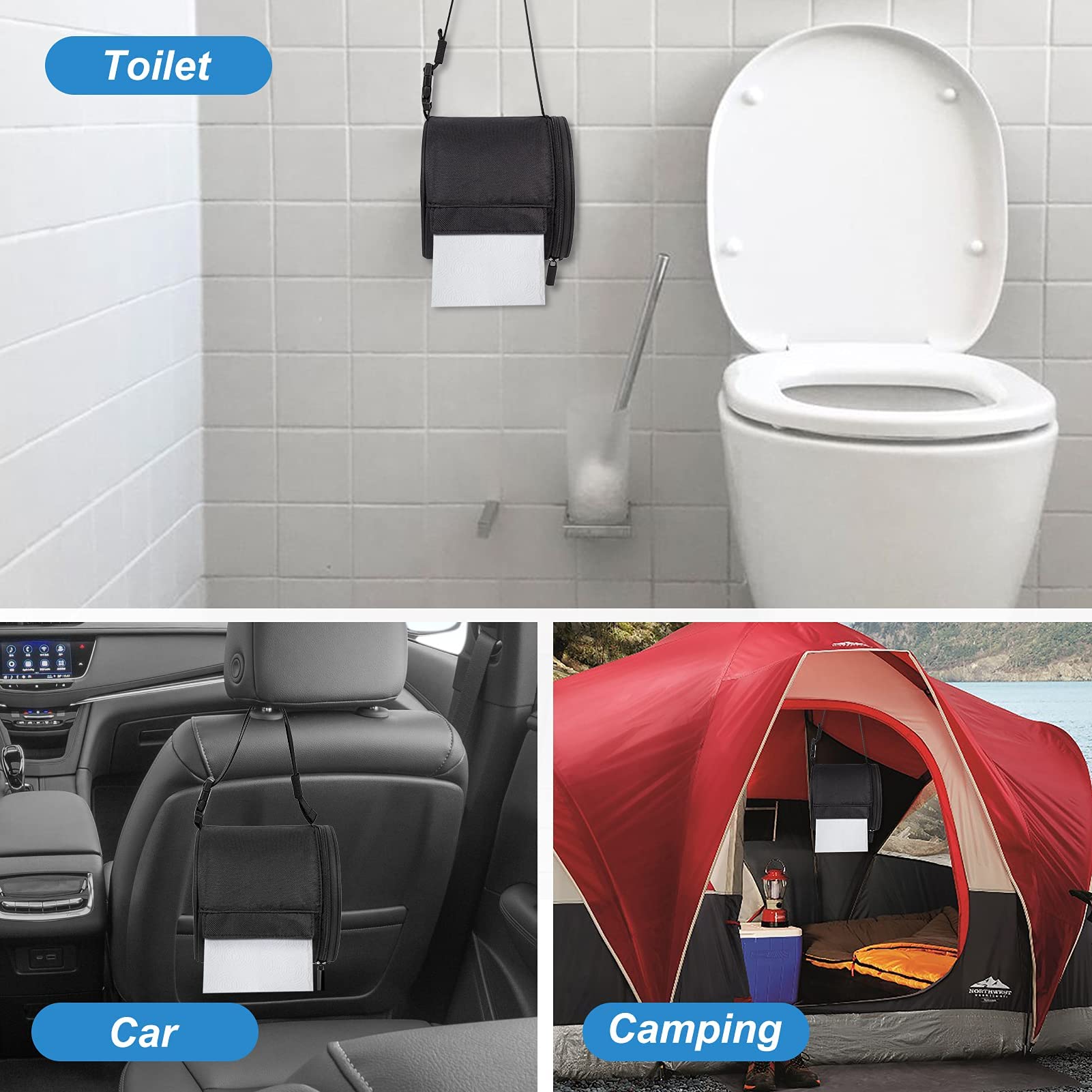 **Waterproof Camping Toilet Paper Holder - Foldable & Adjustable Toilet Paper Dispenser for Bathroom, Car, RV, and Outdoor Adventures (Black) | Cat-Proof Design for Home & Travel Use**