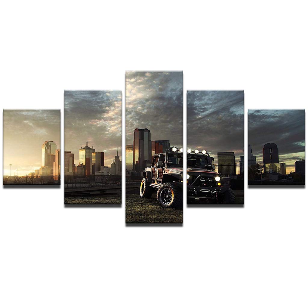Vintage Cars 5-Panel Canvas Wall Art - Motorcycle & Off-Road Vehicle Paintings with Wooden Frame for Living Room & Bedroom Decor | Perfect for Man Cave, Garage, or Automotive Enthusiast Gifts