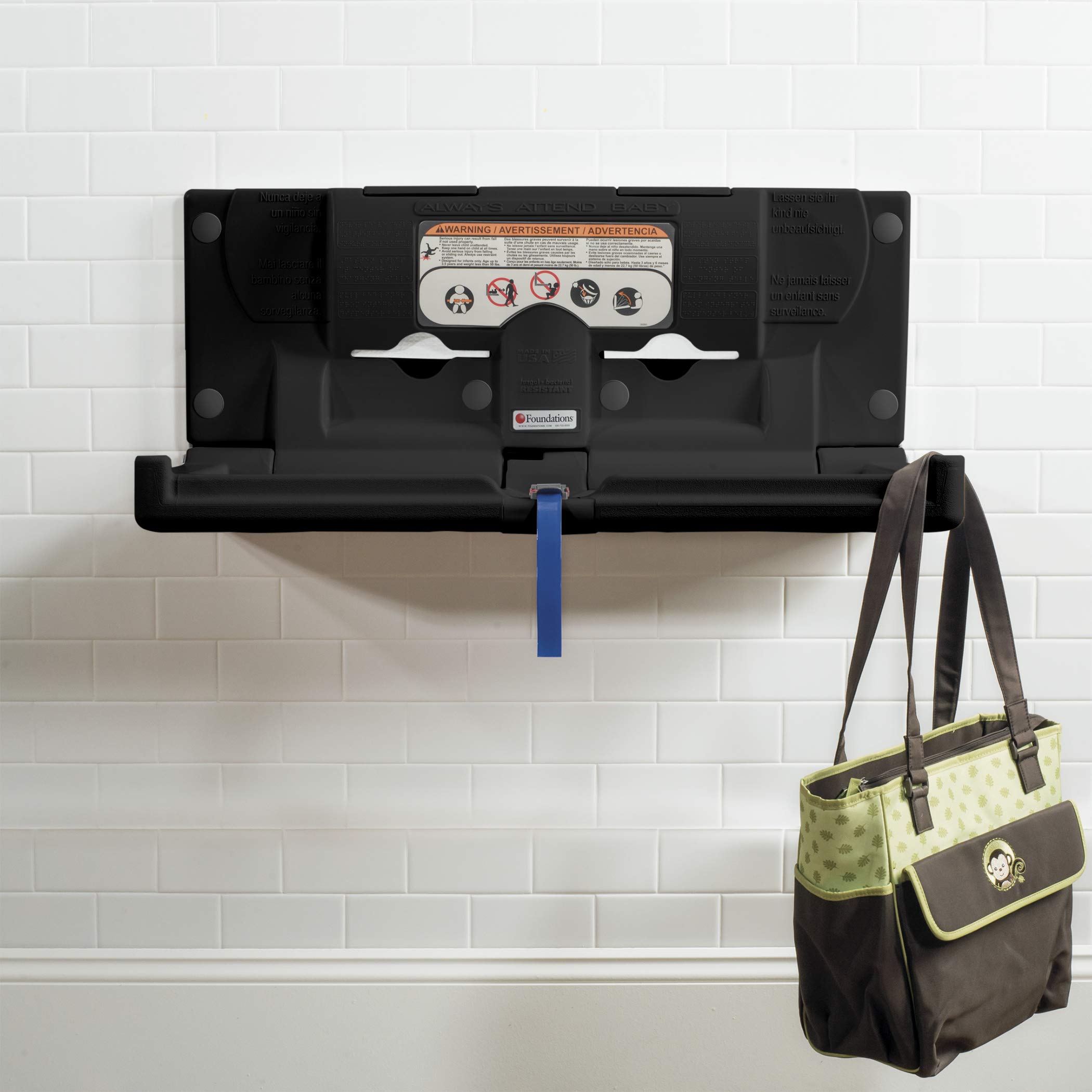 Classic Horizontal Baby Changing Station with EZ Mount Backer Plate | Built-in Liner Dispenser & Adjustable Safety Strap | Surface Mount | Made in USA | Perfect for Nurseries, Daycares & Public Restrooms