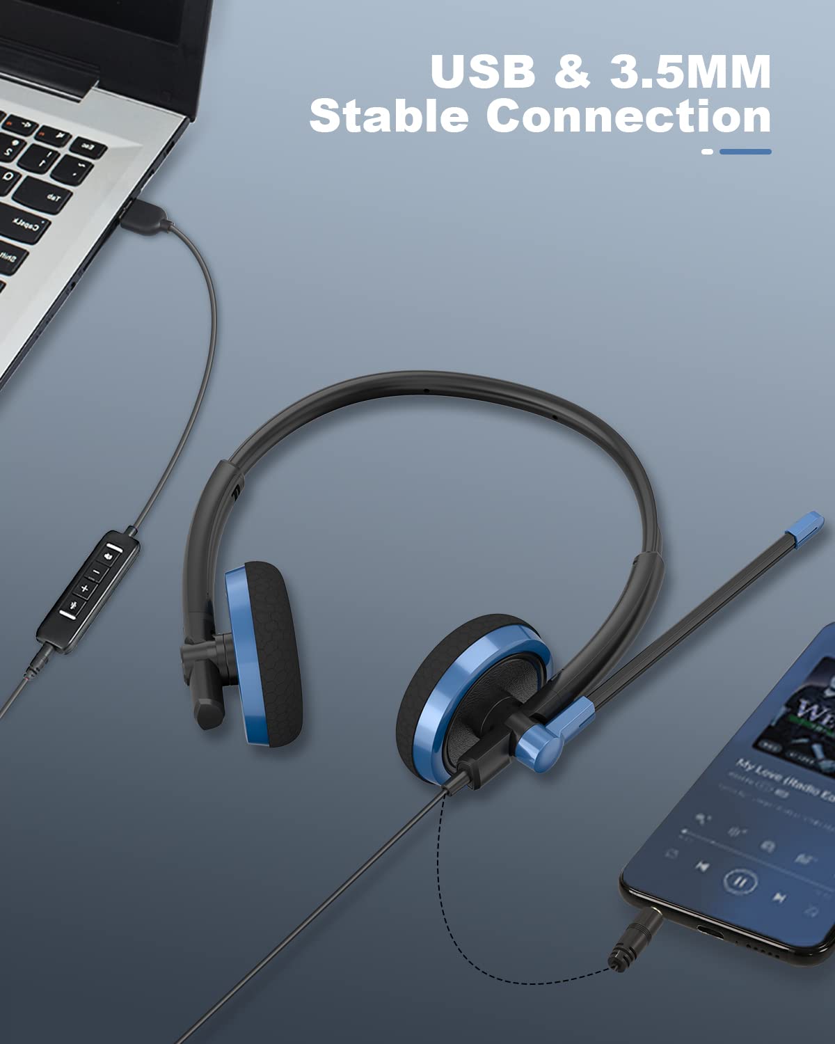 NUBWO USB Gaming Headset with Microphone - Noise Cancelling Computer Headset with In-line Volume Control - Works with PC, Laptop, Zoom, Teams (Blue) - Perfect for Online Meetings, Gaming & Remote Work