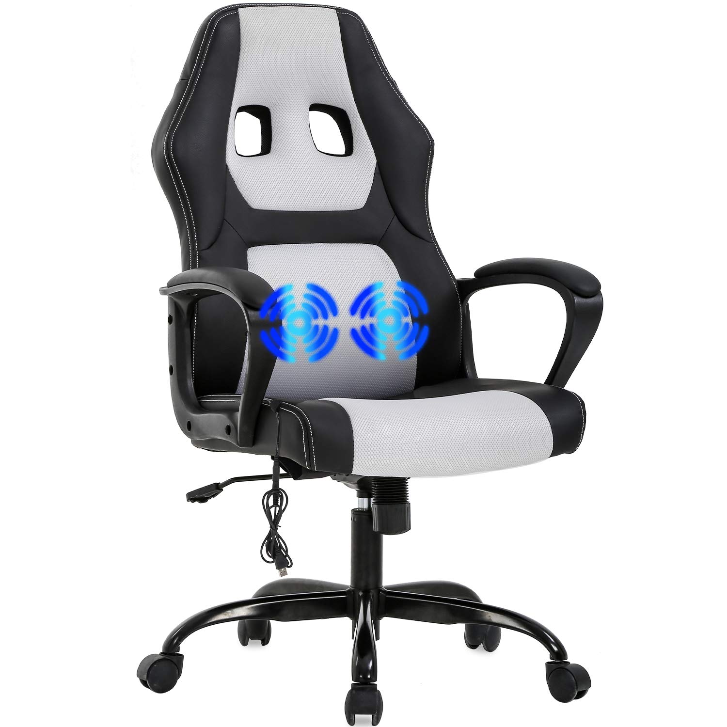 Ergonomic Gaming Chair - PU Leather Racing Style Office Desk Chair with Adjustable Lumbar Support, Headrest & Armrests - Swivel Rolling Computer Task Chair for Adults (White) - Perfect for Home Office, Gaming Setup & Workstation Comfort
