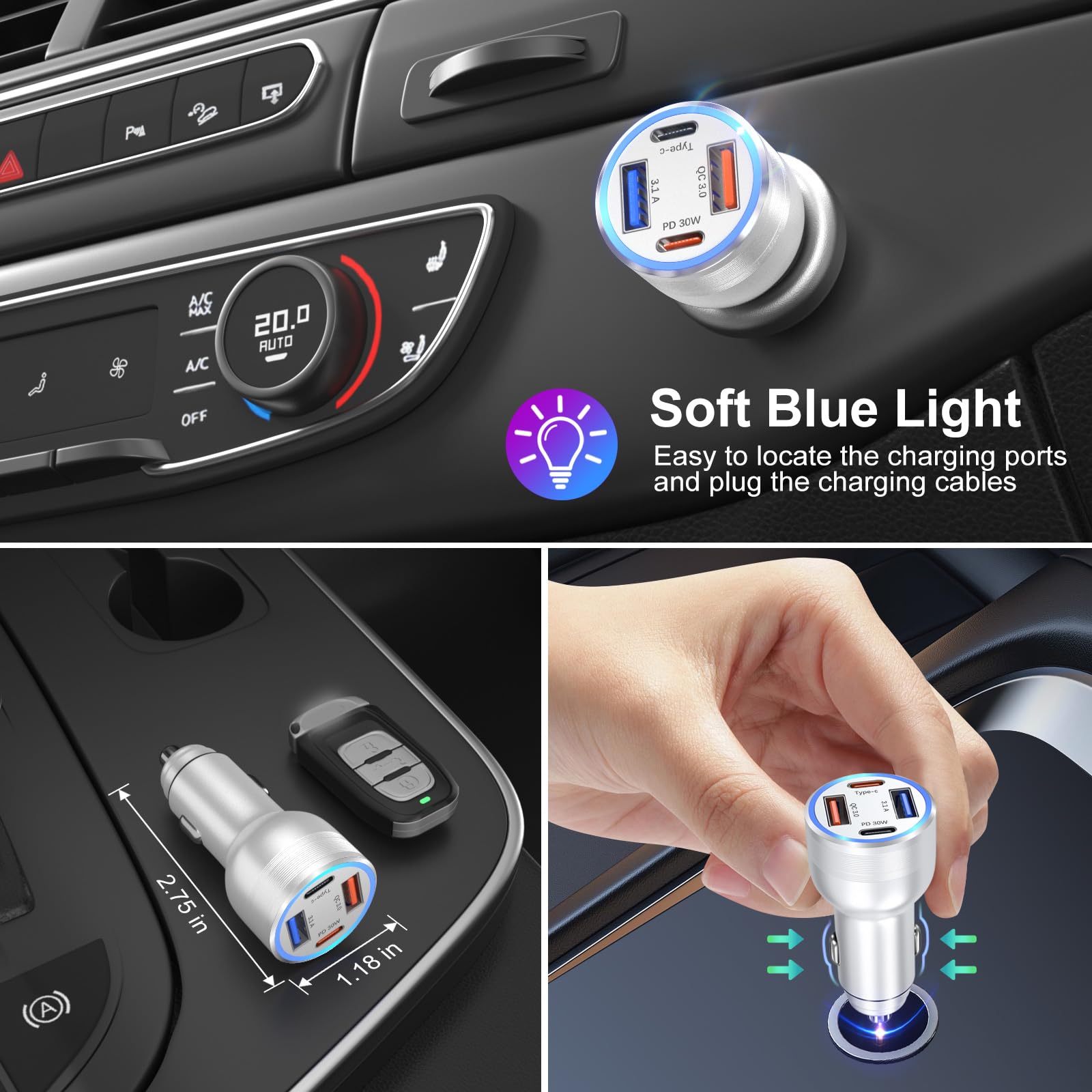 65W 4-Port USB C Car Charger 5 Pack with QC+PD 3.0 Fast Charging - Dual 12V Cigarette Lighter Adapter for iPhone 16/15/14/13/12/11 Pro Max, iPad & Samsung Galaxy - Silver - Perfect for Road Trips & Multi-Device Charging in Cars, Trucks & SUVs