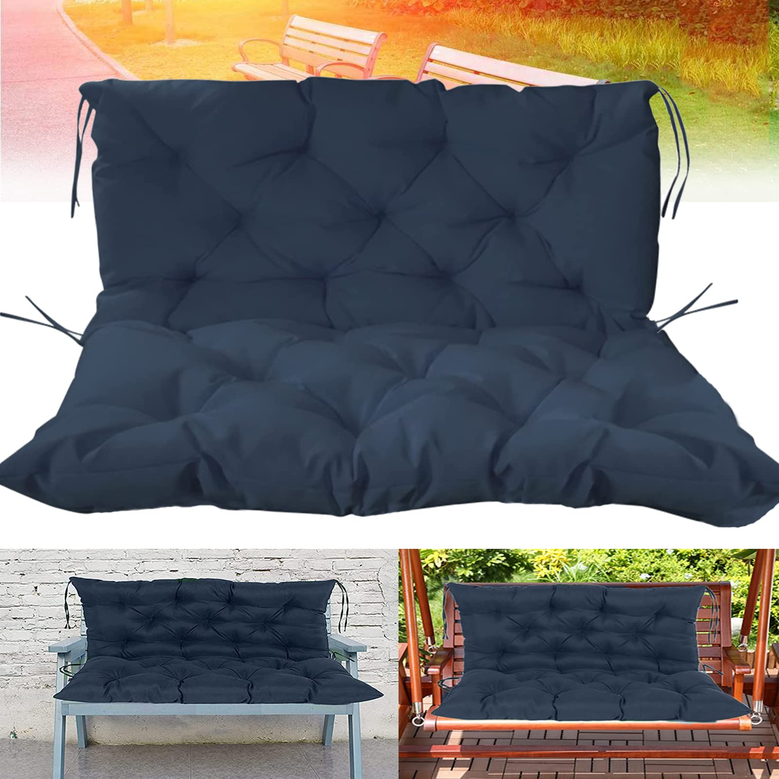 2 Seater Outdoor Glider Cushions Replacement - Waterproof Thick Bench Cushion for Porch Swing with Backrest Ties - 40x40 Inch Navy Blue - Perfect for Garden, Patio, and Outdoor Furniture Comfort