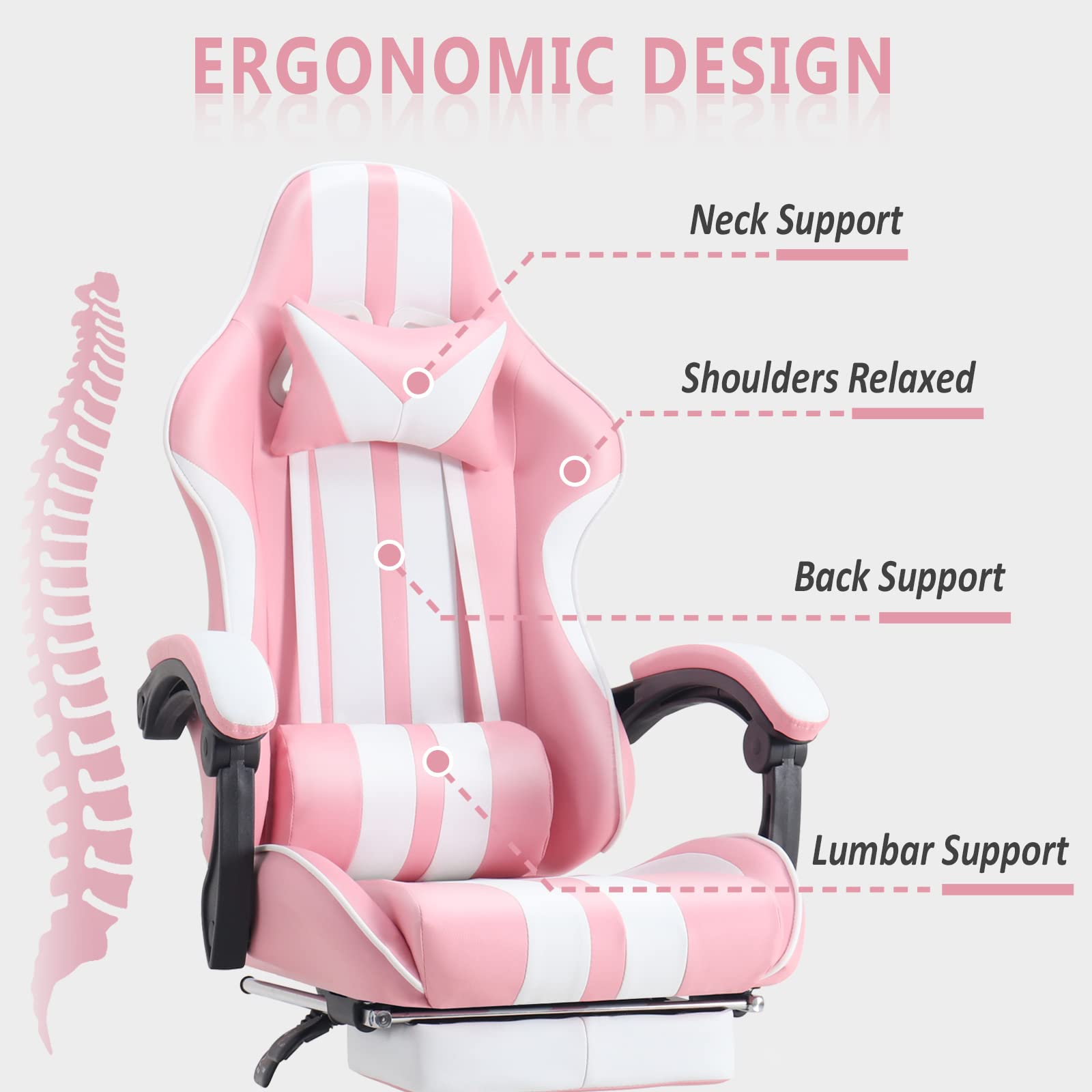 Premium Gaming Chair with Footrest & Massage - Ergonomic Computer Game Chair for Adults & Teens - Perfect for Gaming, Live Streaming & Office Use - Racing Style in Pink - Ideal Christmas/Xmas Gift for Gamers