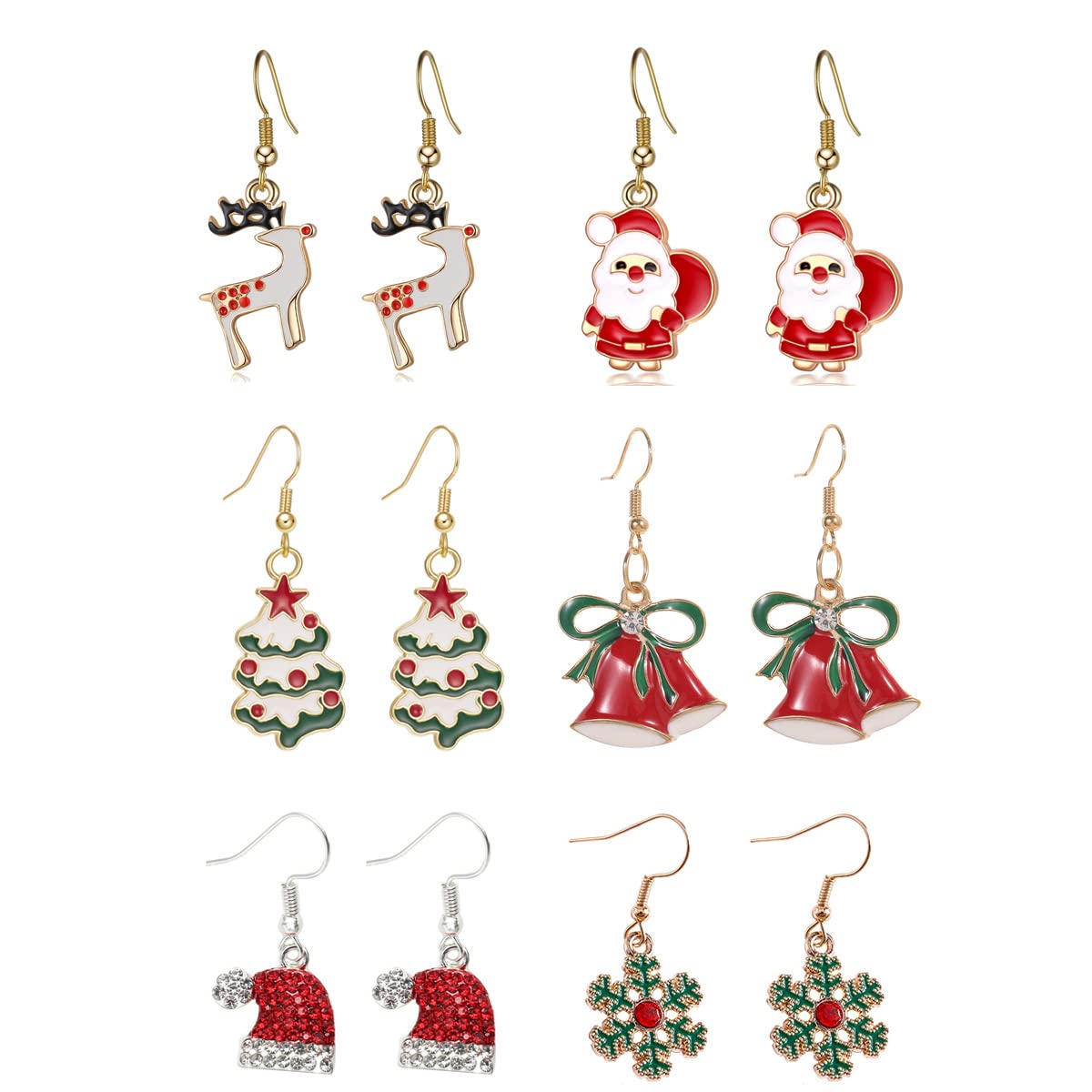 6 Pairs Christmas Earrings Set for Women - Xmas Tree, Santa, Bells, Snowflakes & Reindeer Dangle Drop Earrings | Hypoallergenic Holiday Jewelry Gifts for Girls, Teens & Kids | Perfect for Christmas Parties, Gift Exchanges & Festive Outfits