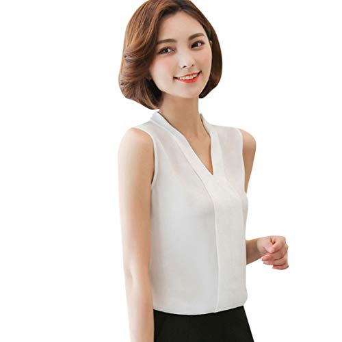 Women's Chiffon V-Neck Sleeveless Blouse for Office Work - Casual Wear Tops in White (XL) | Perfect for Business Attire & Professional Outfits