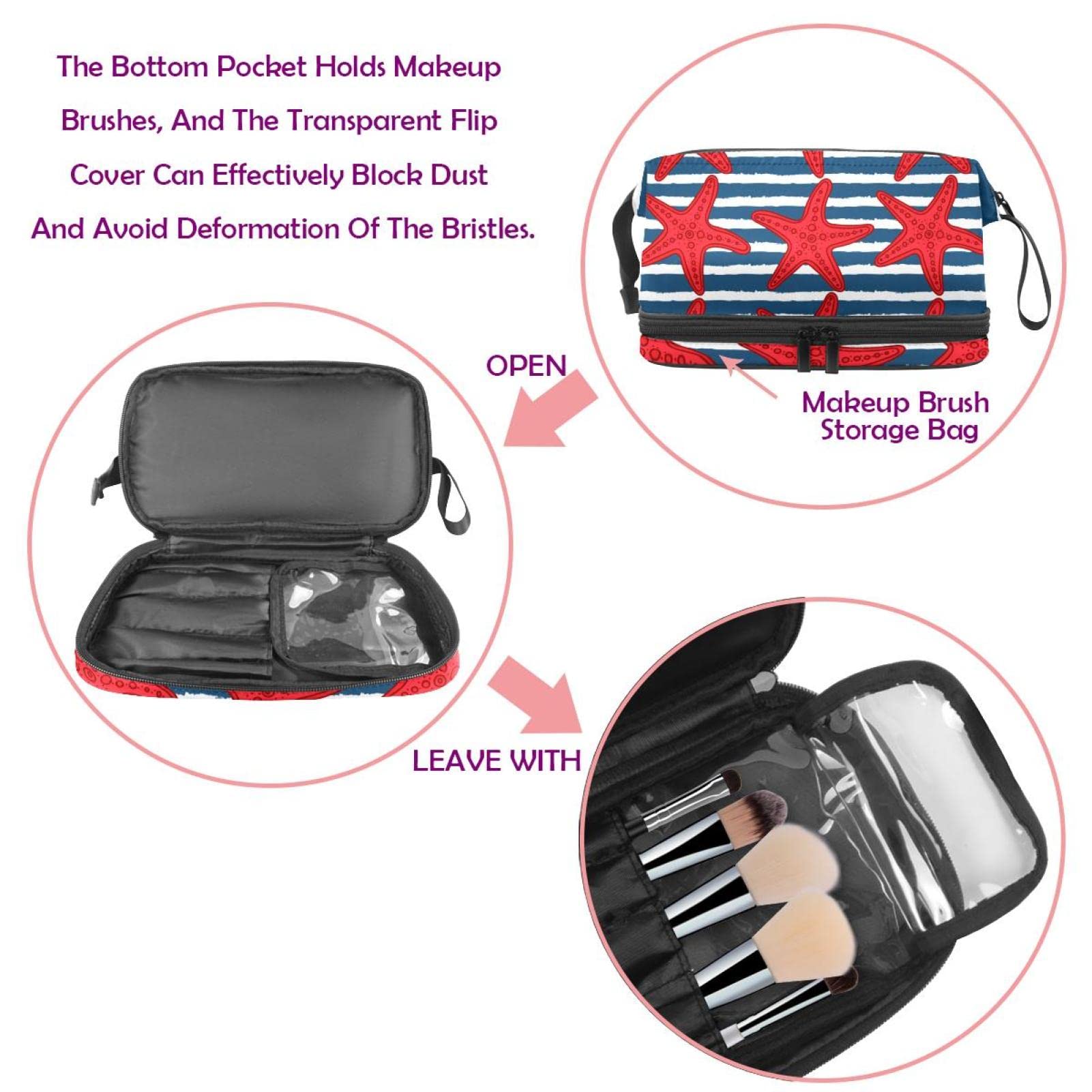 Waterproof Large Makeup Bag for Women - Travel Cosmetic Organizer with Brush Holder, Cute Cartoon Sea Life Starfish Striped Design - Perfect for Summer Beach Trips, Gym & Daily Essentials Storage