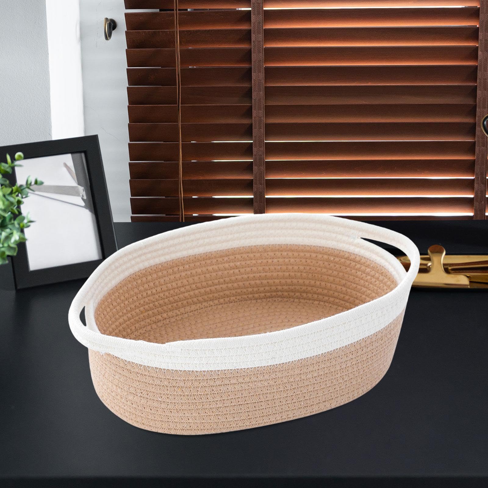 Bestga Cotton Rope Woven Basket with Handle - 30x20x12.5cm Sturdy Decorative Storage Basket for Baby Nursery, Laundry, Towels & Snacks - White & Yellow Home Organization Gift