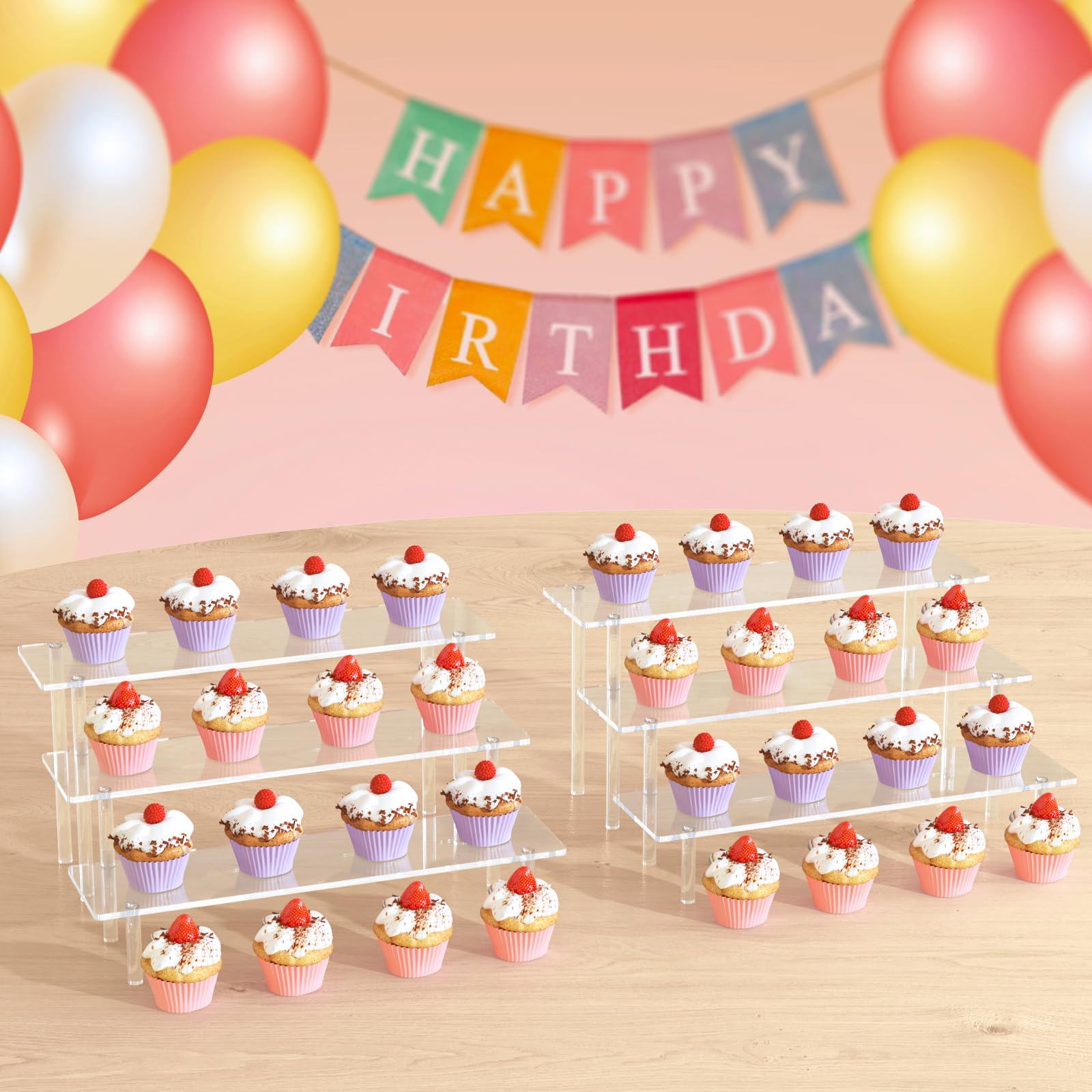 3 Tier Acrylic Display Risers - Large Clear Perfume Organizer & Cupcake Stand Holder - Decorative Shelves for Figurines, Desserts, Party Decor - Perfect for Vanity, Retail Display & Home Decor (2 Pack)