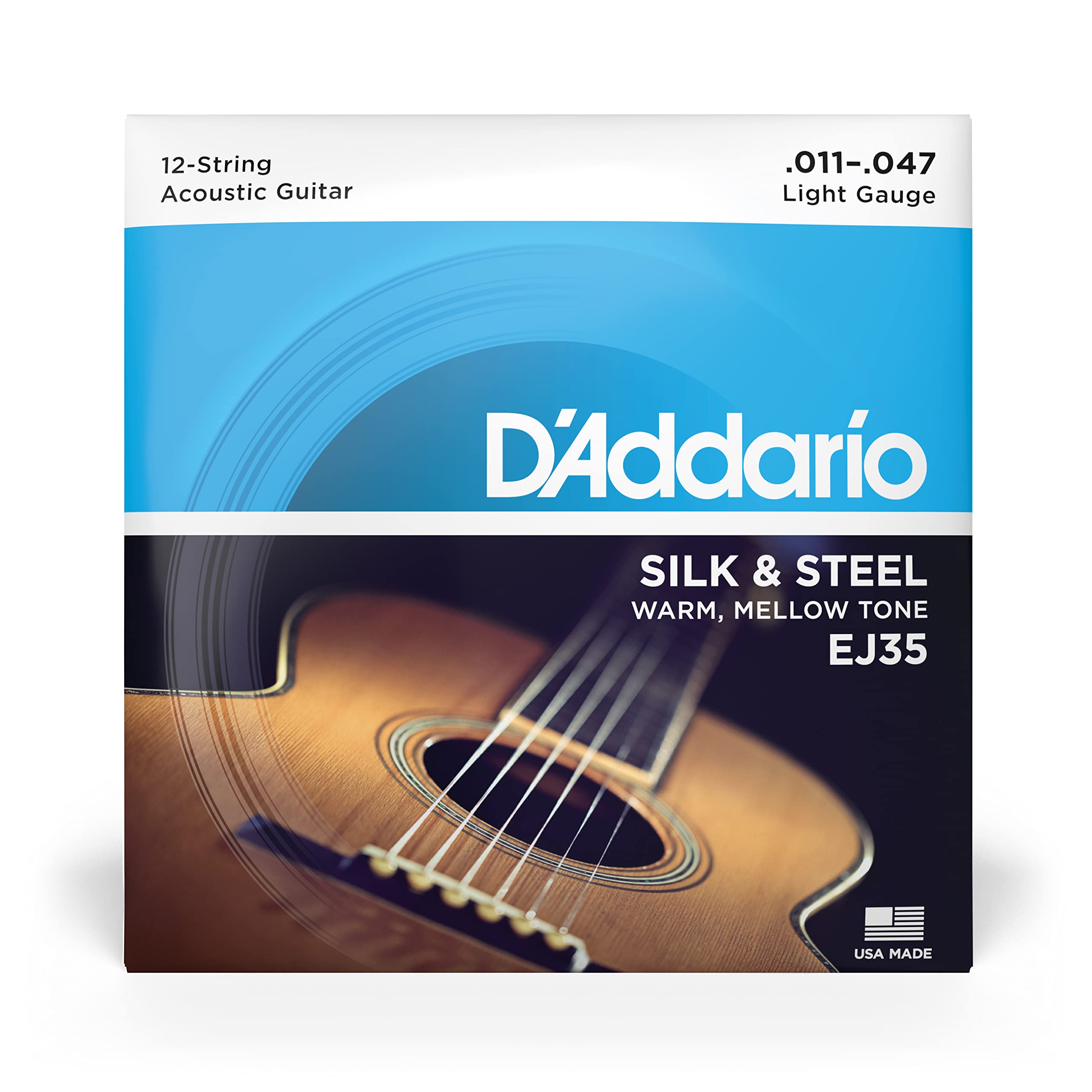 D'Addario EJ35 Silk & Steel Acoustic Guitar Strings - Light Gauge 11-47, 12-String Set (Pack of 1) | Warm, Balanced Tone for Folk, Blues & Fingerstyle Playing