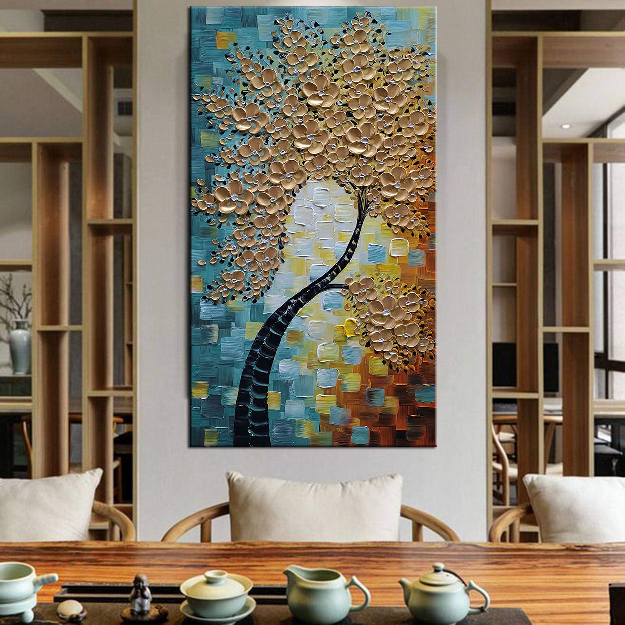 YaSheng Art - 3D Abstract Tree Oil Painting on Canvas with Golden Flowers, Modern Textured Wall Art for Living Room & Bedroom Decor, Ready to Hang (24x48 Inches) - Perfect for Home, Office & Gift Giving
