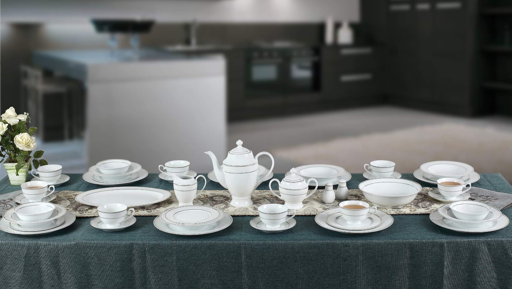 57-Piece Elegant Bone China Dinnerware Set for 8 - Silver Trim, Formal Dining & Special Occasions