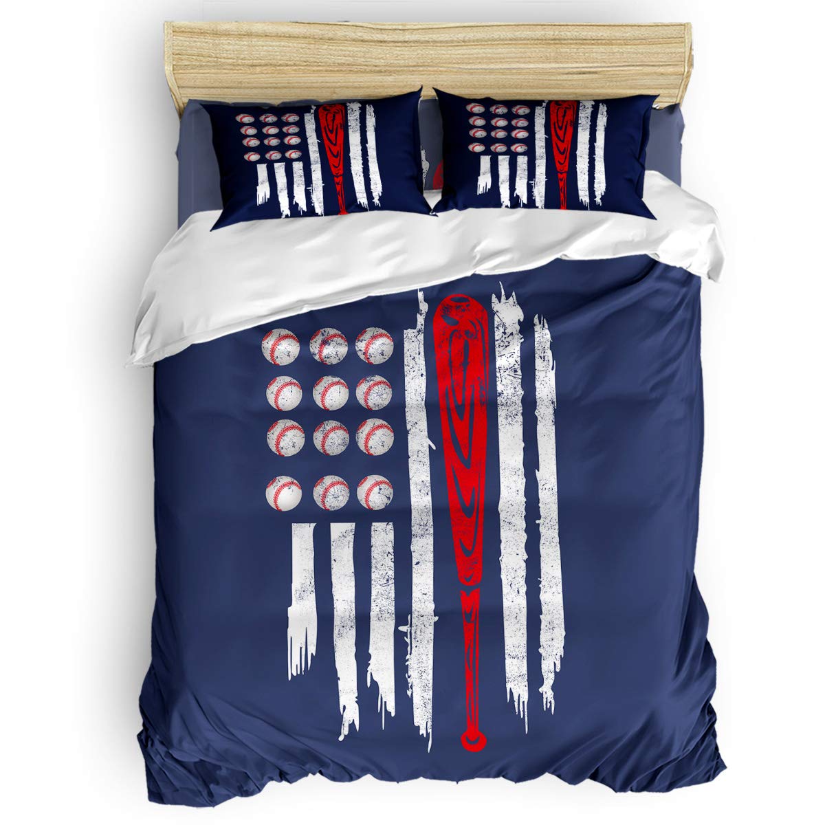 Picpeak Baseball Bedding Set Queen Size - Sport Themed American Flag Blue Comforter Cover Set for Boys, Kids & Teens | 4-Piece Set Includes Lightweight Soft Bed Sheets, Duvet Cover, Flat Sheet & 2 Pillowcases | Perfect for Sports Lovers' Bedrooms, Dorm Rooms & Themed Decor