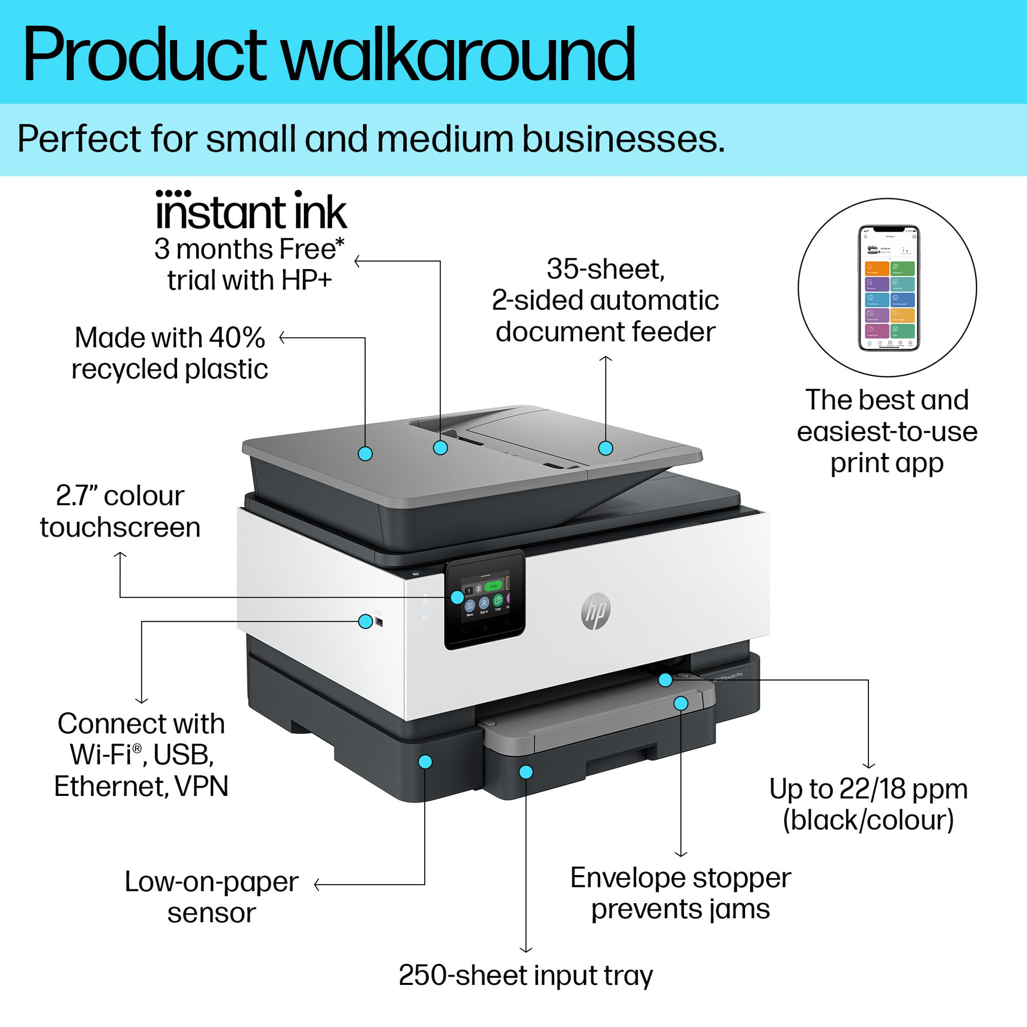 HP OfficeJet Pro 9120e All-in-One Wireless Color Printer for Small Business | Print, Scan, Copy with Automatic Document Feeder | Includes 3 Months Instant Ink & Easy Setup | 3-Year Warranty | Perfect for Home Office, Remote Work & School Projects