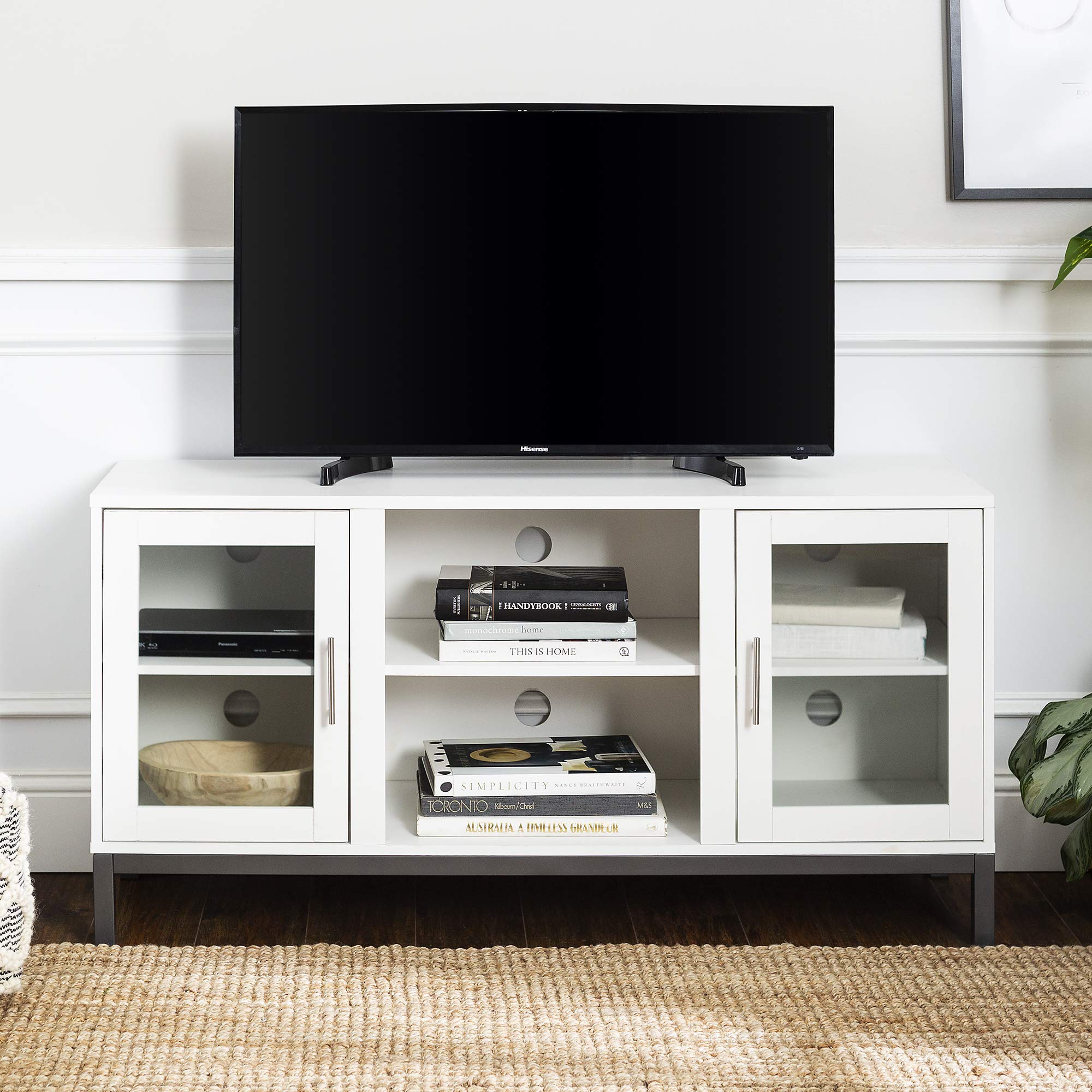 Walker Edison 52 Inch Modern Glass and Wood TV Stand for Flat Screens up to 58