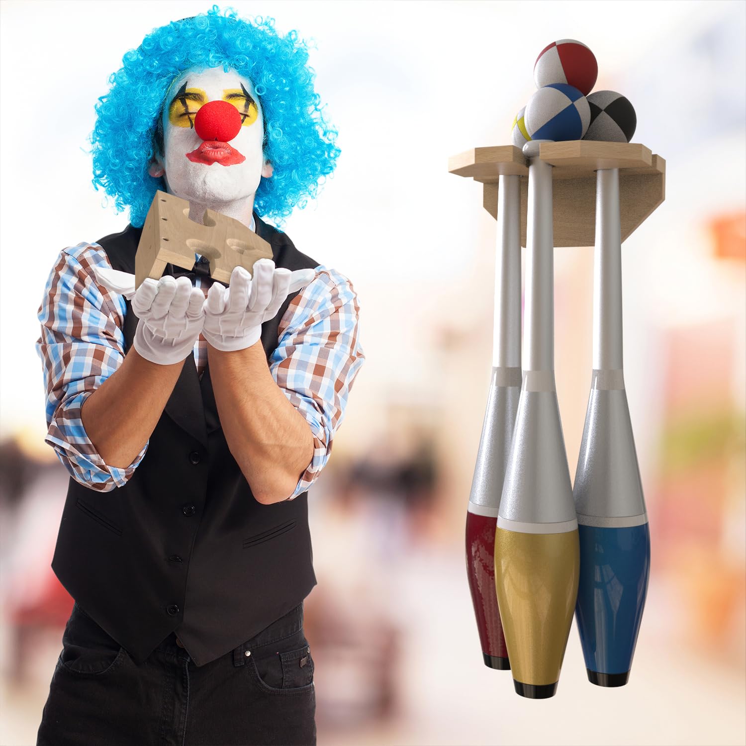 Wall Mounted Wooden Juggling Clubs & Balls Holder - Organizer for 3 Juggling Clubs - Perfect for Circus Performers, Practice Rooms & Home Storage