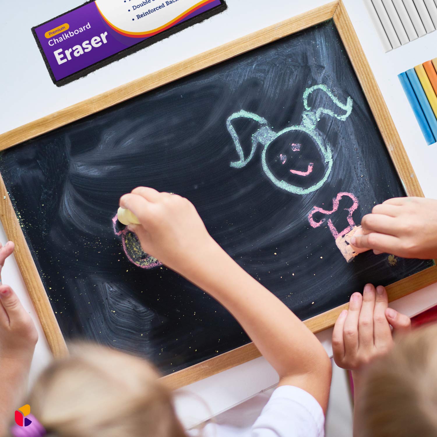 Dustless Chalk Set with Eraser - 25 Pcs (12 Colored & 12 White Chalk) for Smooth Writing on Blackboards - Includes 1 Felt Chalkboard Eraser - Perfect for Classrooms, Home Schooling & Art Projects