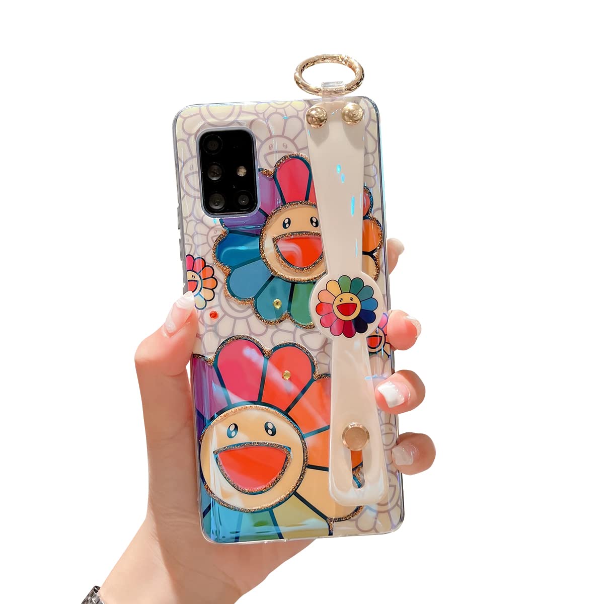 Cute Glitter Bling Sunflower Samsung Galaxy A71 5G Case with Wrist Strap & Kickstand - Shockproof Soft TPU Protective Phone Cover for Women & Girls | Perfect for Daily Use, Work, and Outdoor Activities