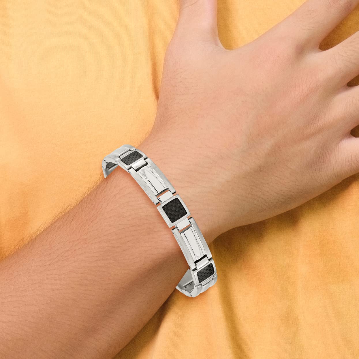 Premium Stainless Steel Black Carbon Fiber 8.75 Inch Link Chain Bracelet for Men - Durable Fashion Jewelry for Casual Wear, Parties & Gifts