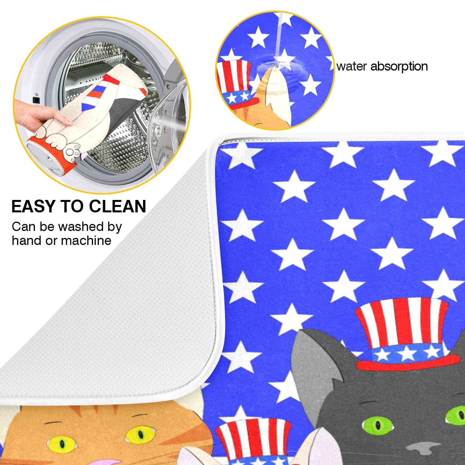 Susiyo Patriotic Flag Kittens Cats Dish Drying Mat - 18x24 Inch Absorbent Kitchen Countertop Drainer Pad for Dishes, Cups, and Utensils