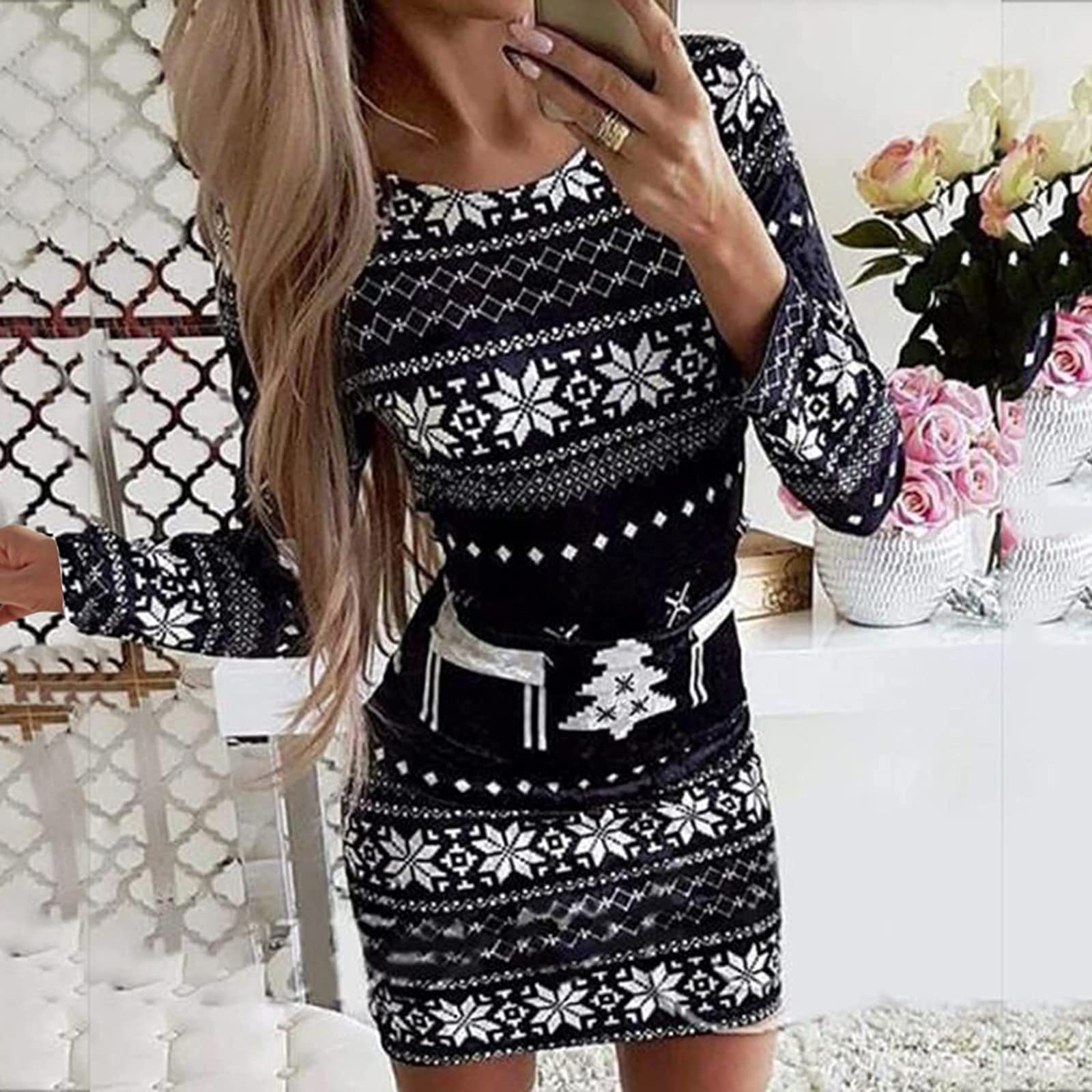 2024 Women's Fall Winter Long Sleeve Boat Neck Sweater Dress - Slim Tunic Pullover for Christmas Holiday & Casual Wear