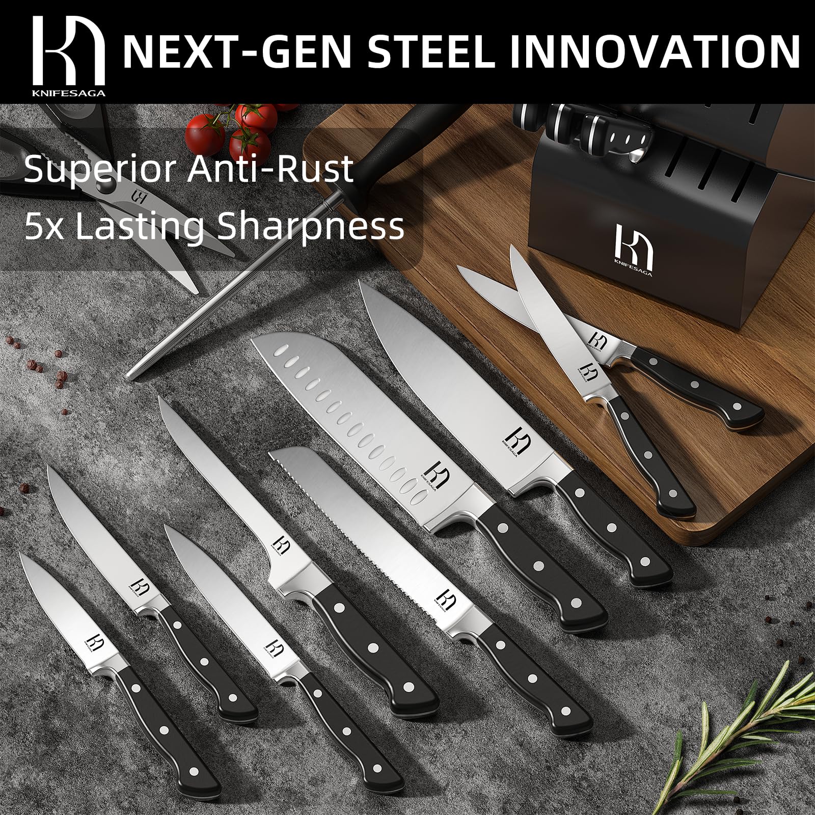 15-Piece Premium Japanese High Carbon Stainless Steel Knife Set with Block & Sharpener - Razor-Sharp Chef Knives for Professional Cooking, Meat Cutting & Food Prep - Durable Black Kitchen Knife Block Set for Home & Restaurant Use