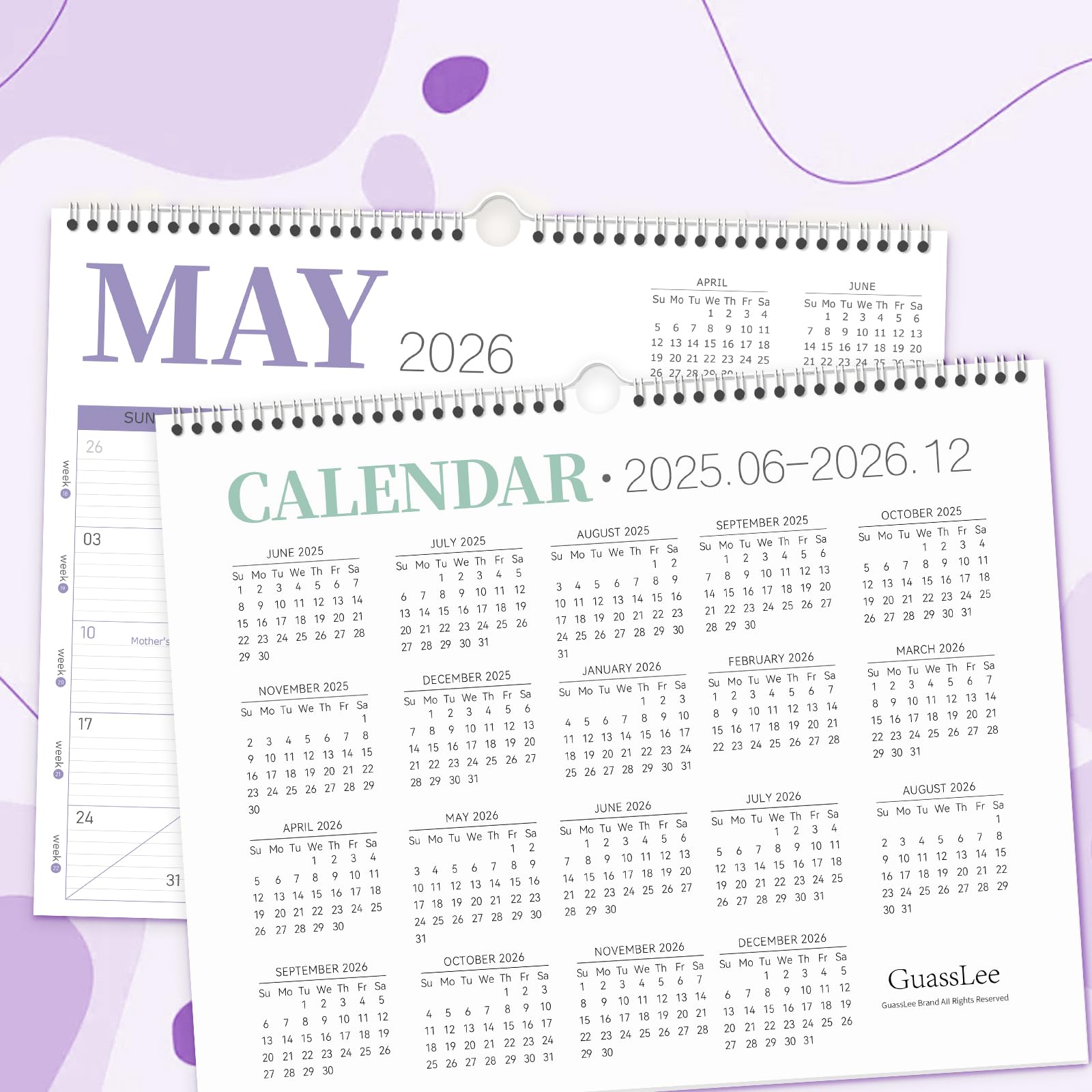 GuassLee 2025-2026 Wall Calendar | 19-Month Spiral Bound Hanging Planner (June 2025 - December 2026) | 14