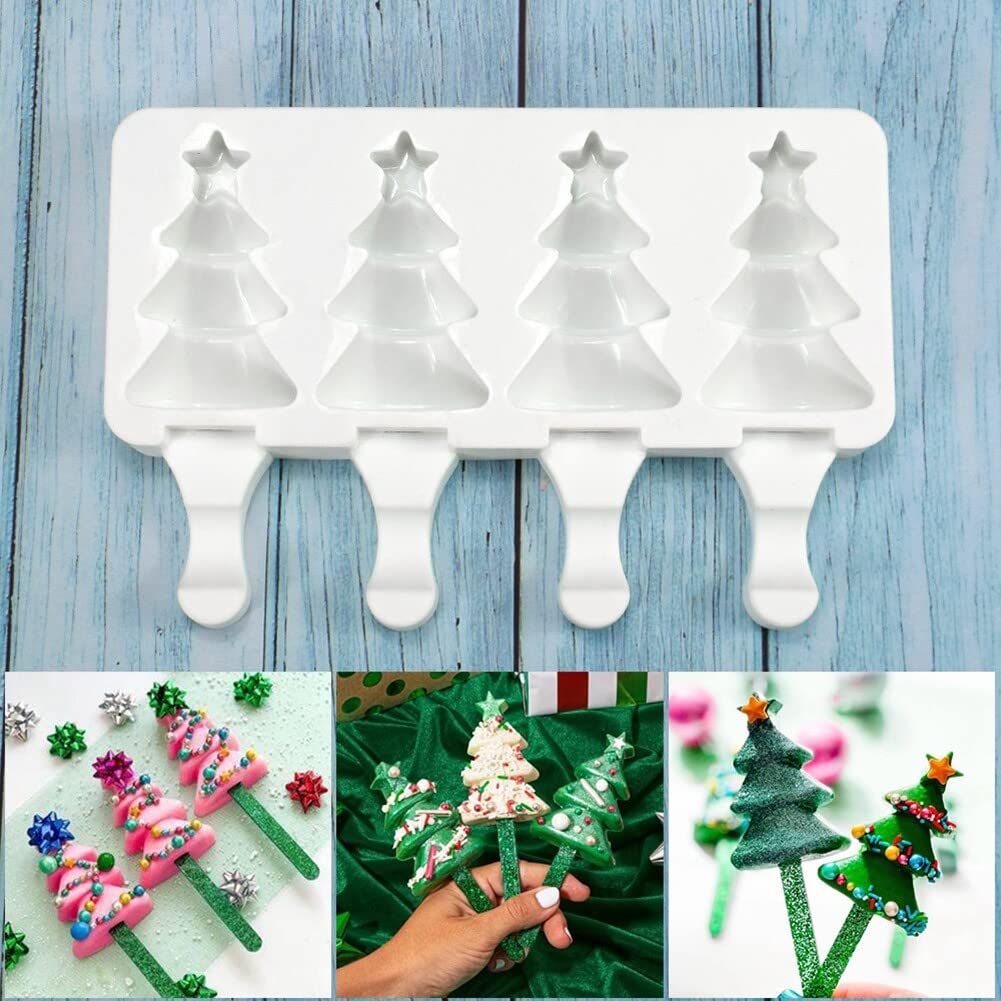 Christmas Tree Shaped Silicone Popsicle Molds - 4 Cavity Reusable Ice Pop Makers for Kids & Adults - Perfect for Homemade Ice Cream, Cake Pops, and DIY Frozen Treats - Great for Summer Parties, Holiday Desserts, and Family Fun