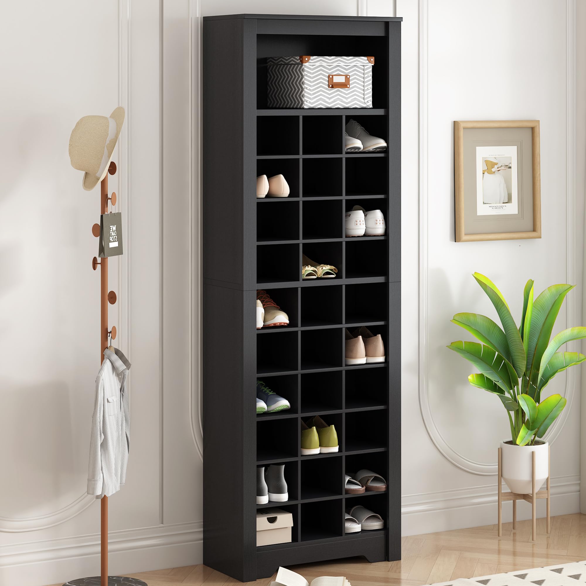 10-Tier Wooden Shoe Storage Cabinet with 30 Cubbies - Freestanding Tall Shoe Rack Organizer for Entryway, Living Room, Bedroom - Space Saving Shoe Shelf for Sneakers, Boots & Heels (Black)