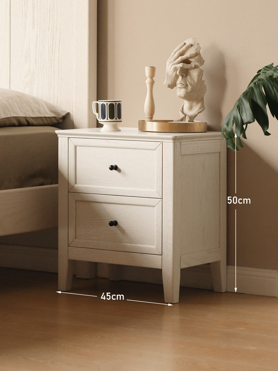 Solid Oak Wood Nightstand - Cream Finish, American Style Bedside Table for Bedroom Decor & Storage