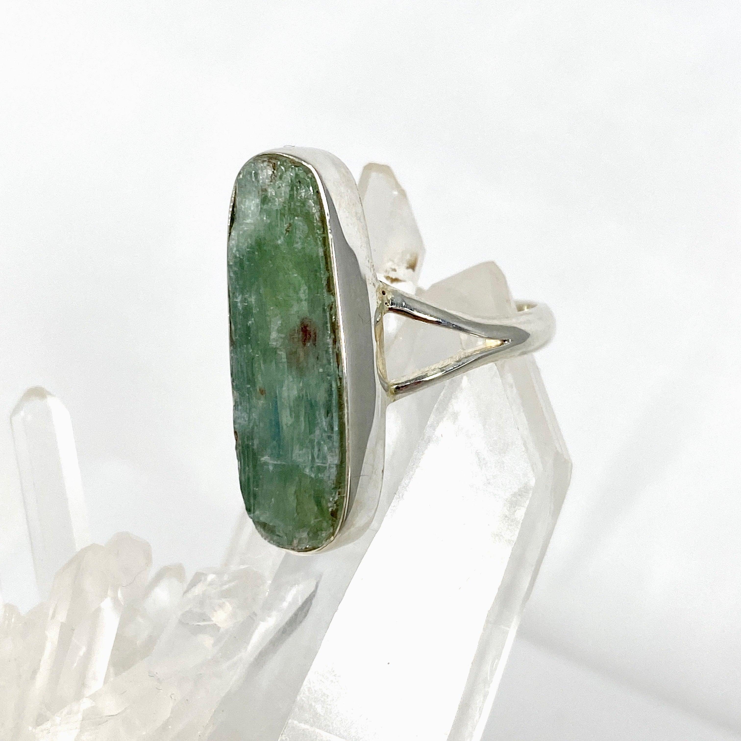 Natural Green Kyanite Oval Ring - Size 8 Sterling Silver Jewelry KRGJ2710 for Meditation & Energy Healing