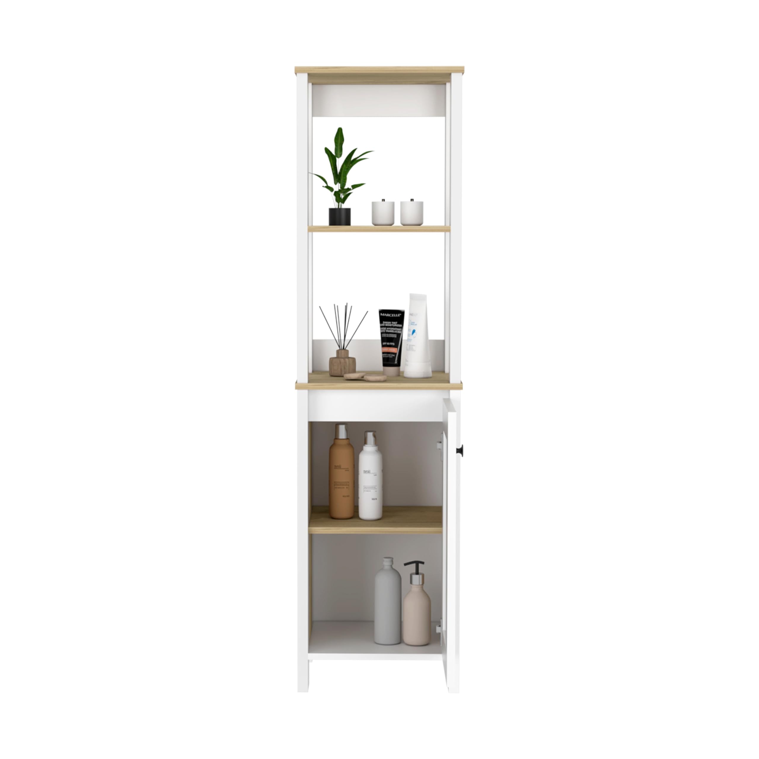 Tuhome St. Clair Linen Cabinet with 2 Interior Shelves & 2 Open Shelves - Light Oak/White Finish - Perfect for Bathroom, Bedroom or Hallway Storage Organization