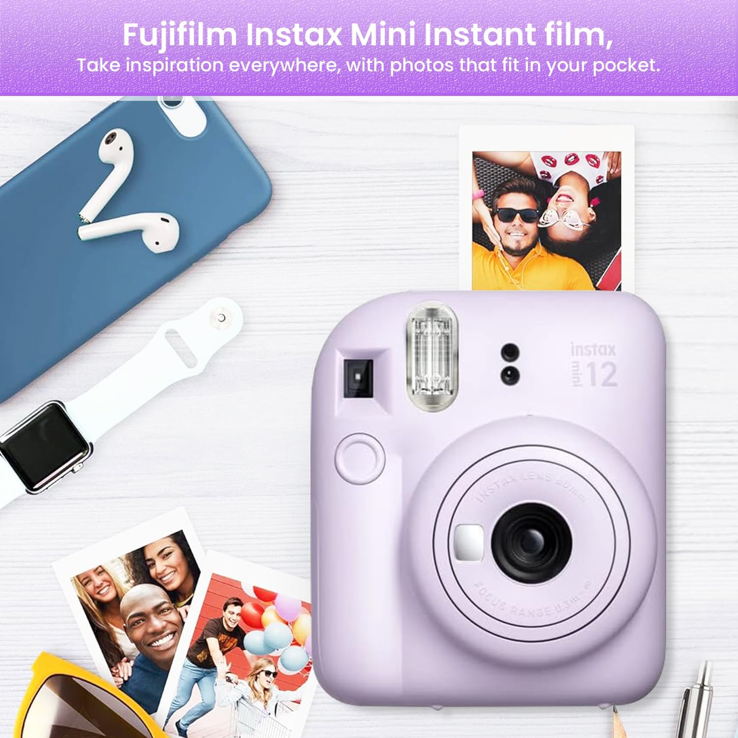 Fujifilm Mini 12 Instant Camera Starter Kit with 60 Sheets Mini Film, 4 AA Batteries & Lens Cloth - Lilac Purple | Perfect for Travel, Parties & DIY Photo Albums
