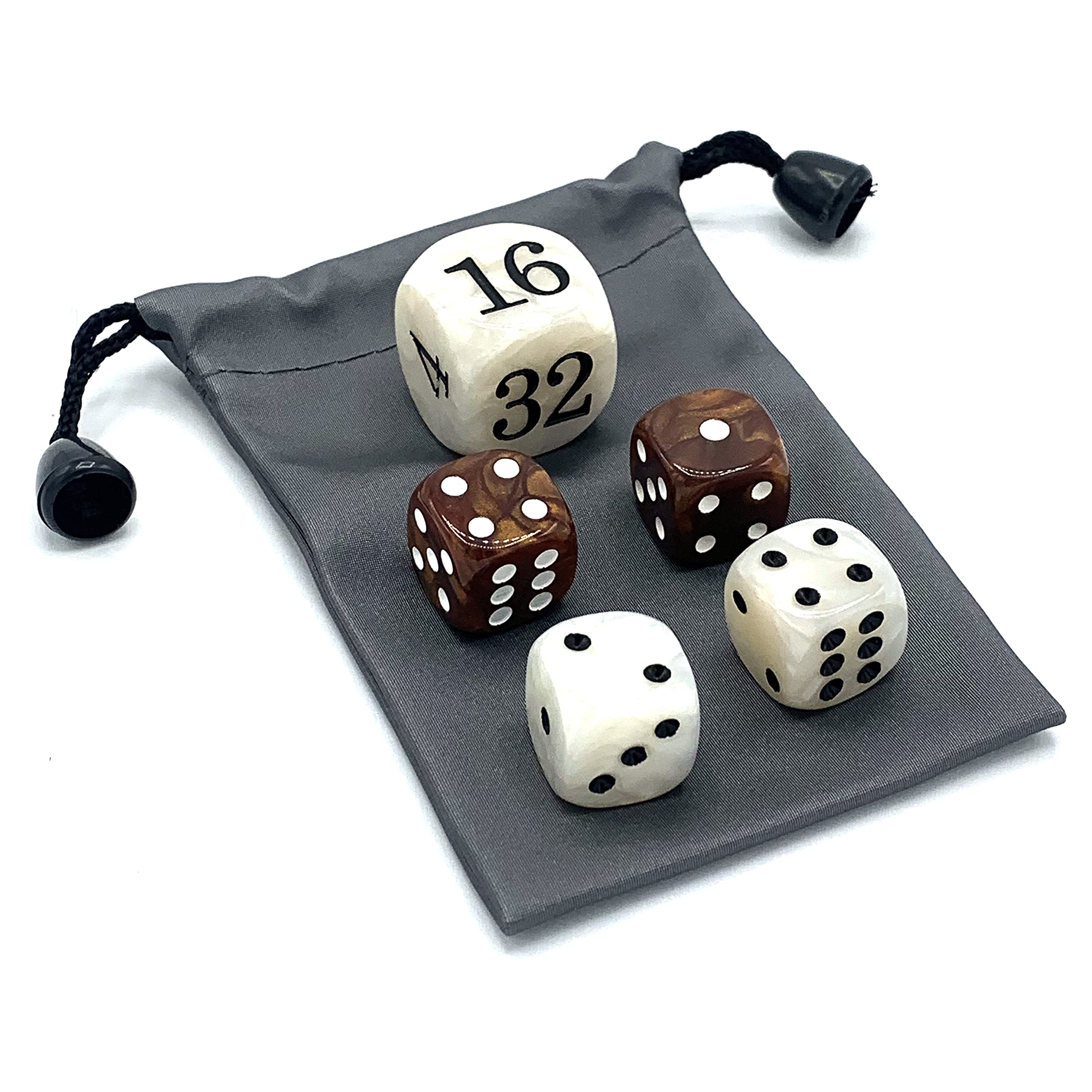 Luck Lab Backgammon Pearl Dice Set - 22mm Doubling Cube & 4x16mm Dice with Storage Pouch, Brown/White Marble - Perfect for Board Games, Travel & Gifts