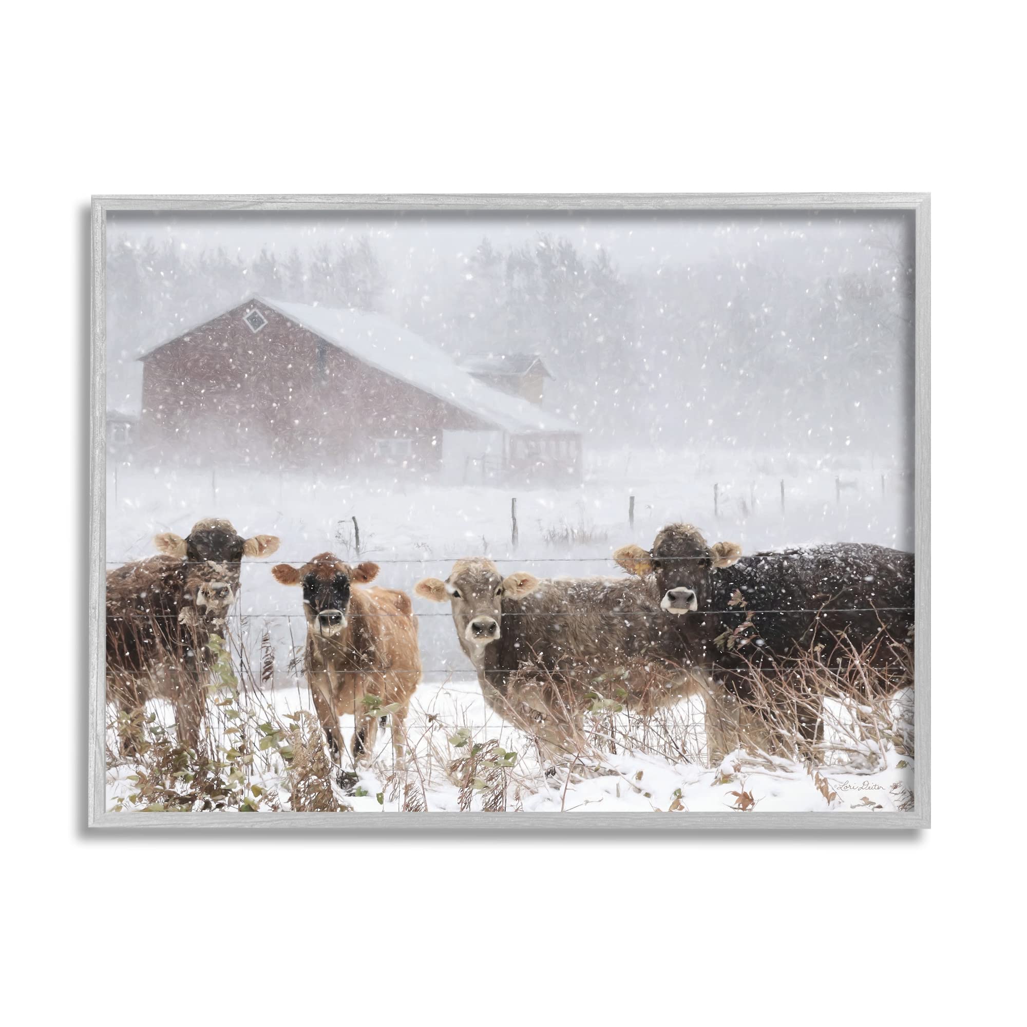 Stupell Industries Winter Farm Scene Wall Art - Snowy Cow Cattle Barn Painting by Lori Deiter - Perfect for Farmhouse Decor, Living Room & Country Style Home