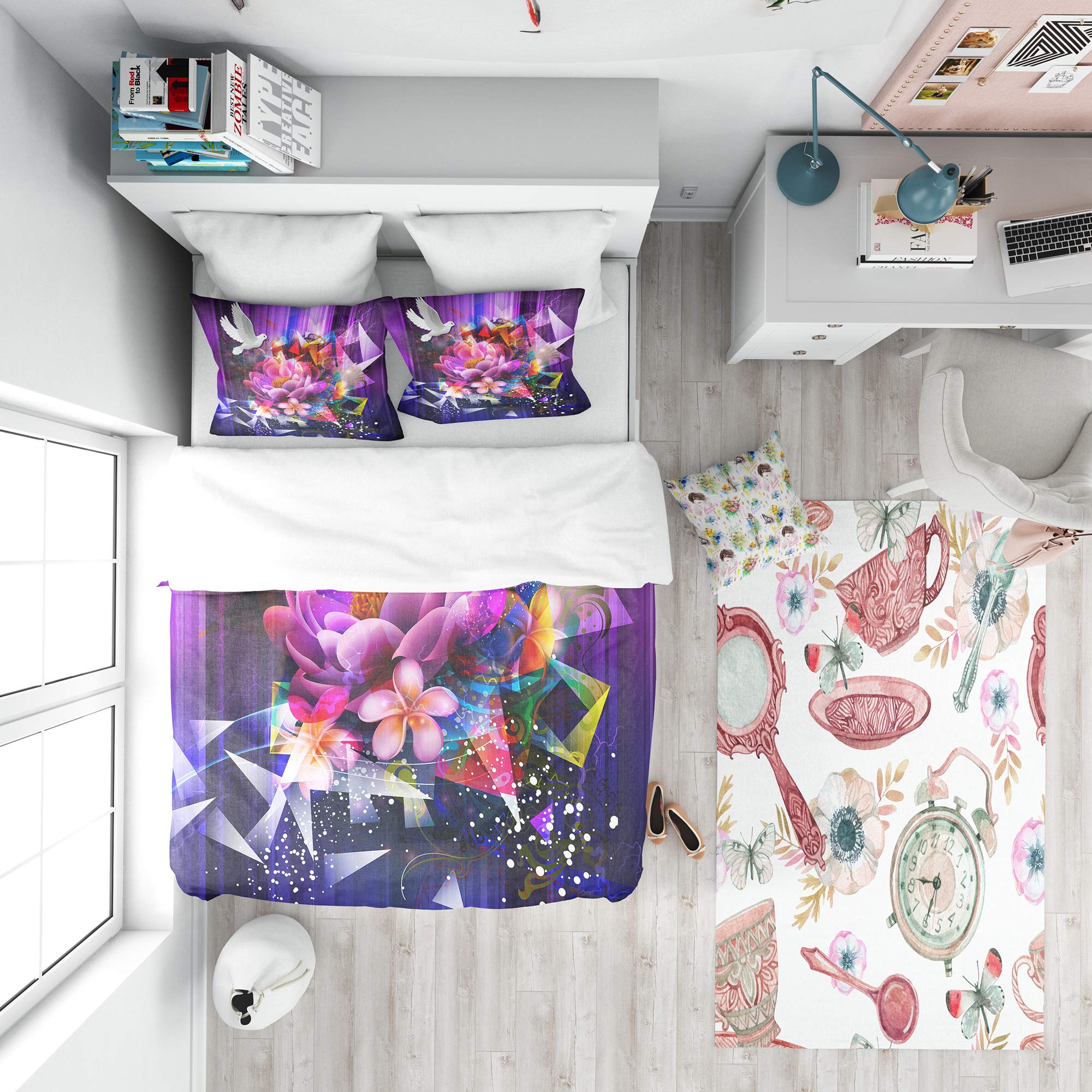 DesignQ Purple Abstract Floral Duvet Cover Set with Dove Nautical Coastal Design - Queen Size 3-Piece Bedding Set for All Seasons | Perfect for Beach House, Coastal Decor & Boho Chic Bedrooms