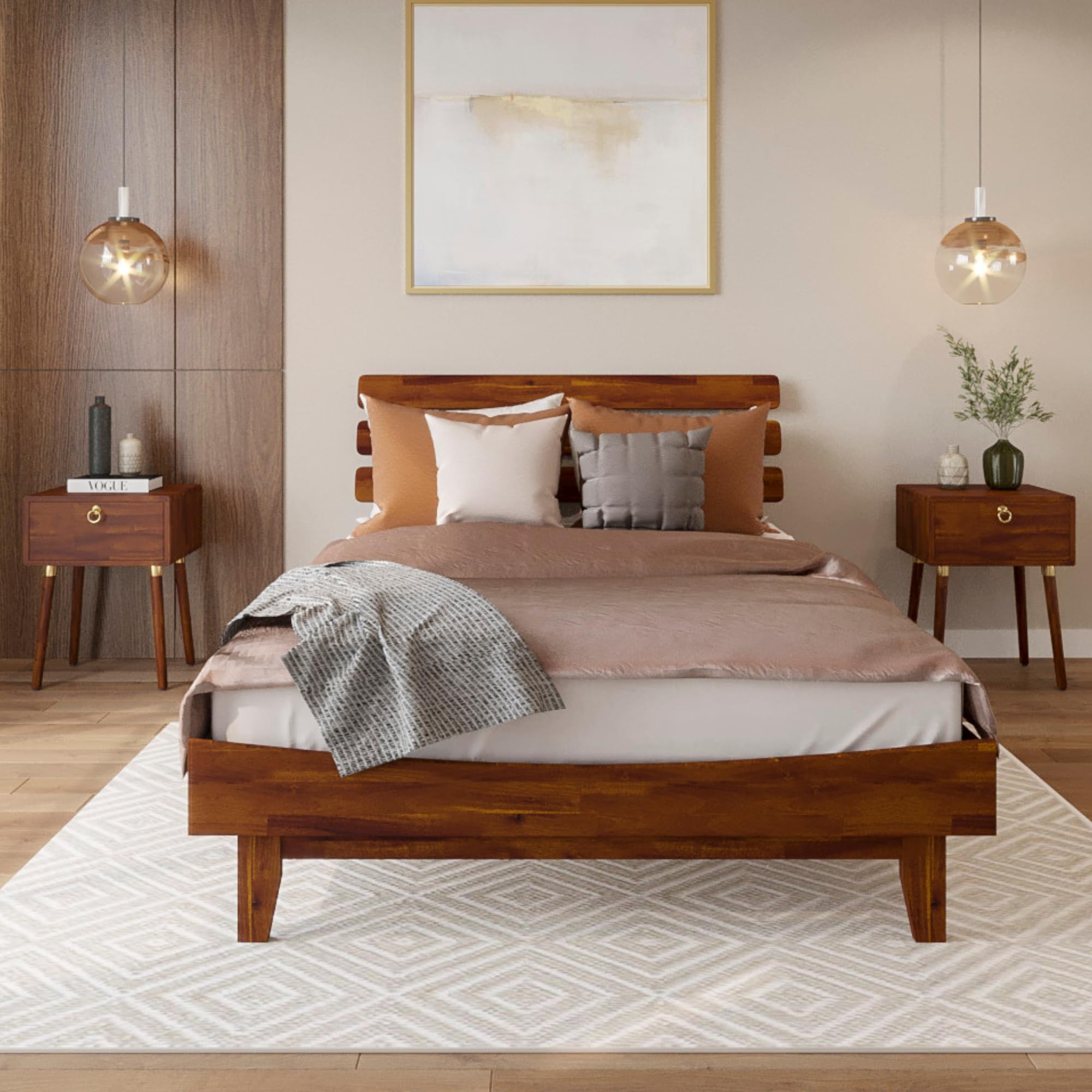 Bme Caden 15 Inch Deluxe Bed Frame with Adjustable Headboard - Mid Century Modern Retro Style Acacia Wood Platform Bed - No Box Spring Needed - 12 Strong Wood Slat Support - Easy Assembly - Dark Chocolate Finish - Full Size Bed for Master Bedroom, Guest Room & Apartment