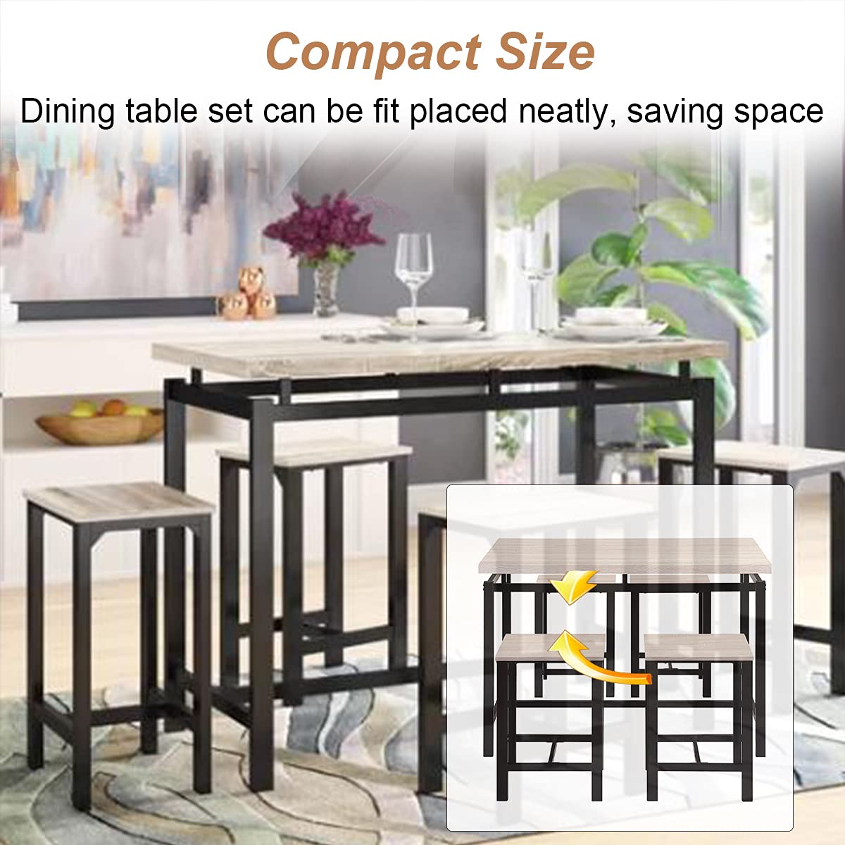 5-Piece Modern Counter Height Bar Dining Set - Wooden Kitchen Table & 4 Chairs with Metal Legs - Space-Saving Breakfast Nook Set for Small Homes & Apartments - Perfect for Compact Kitchens, Dining Areas & Morning Coffee Spaces