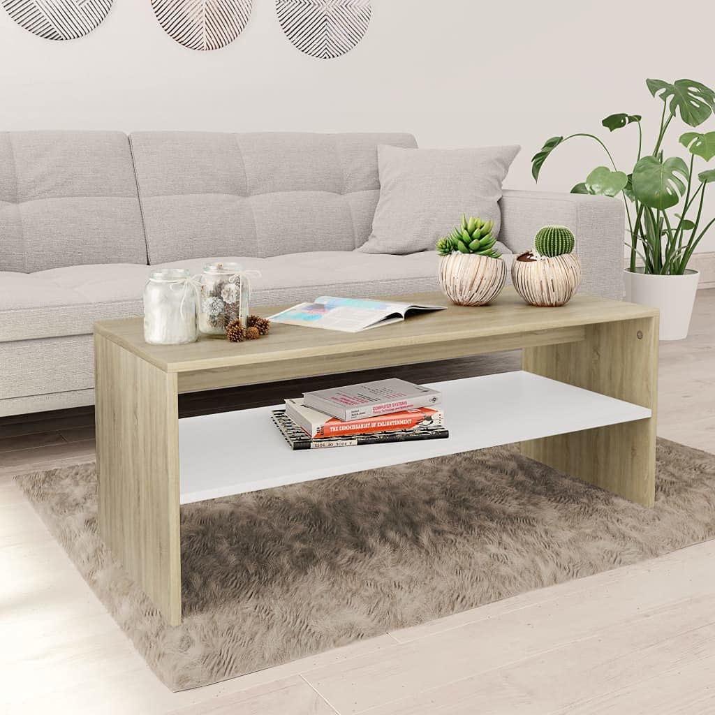 vidaXL Coffee Table with Shelf - Elegant Engineered Wood Living Room Centerpiece in White & Sonoma Oak - Durable & Multifunctional for Home Decor, Entertaining & Storage | Perfect for Small Spaces, Apartments & Modern Interiors