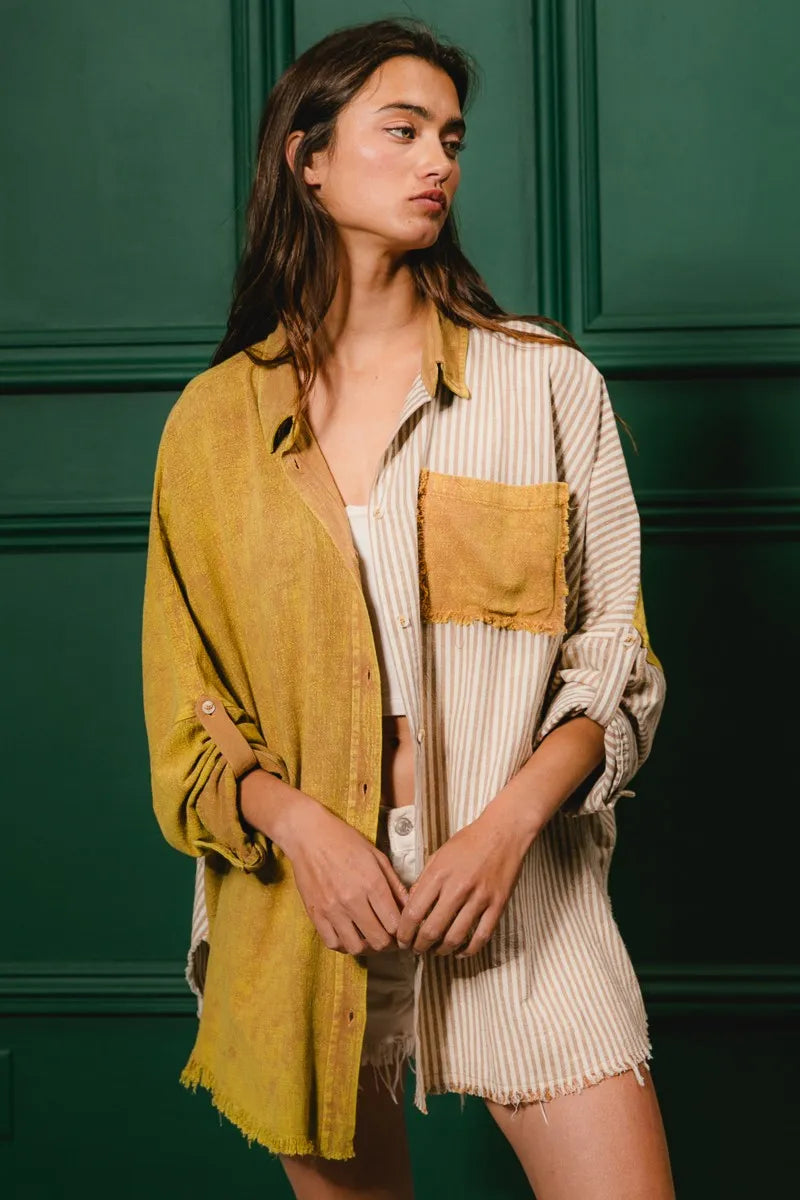BiBi Washed Raw Hem Shirt - Trendy Distressed Denim Top for Women | Perfect for Casual Outings, Street Style & Layering