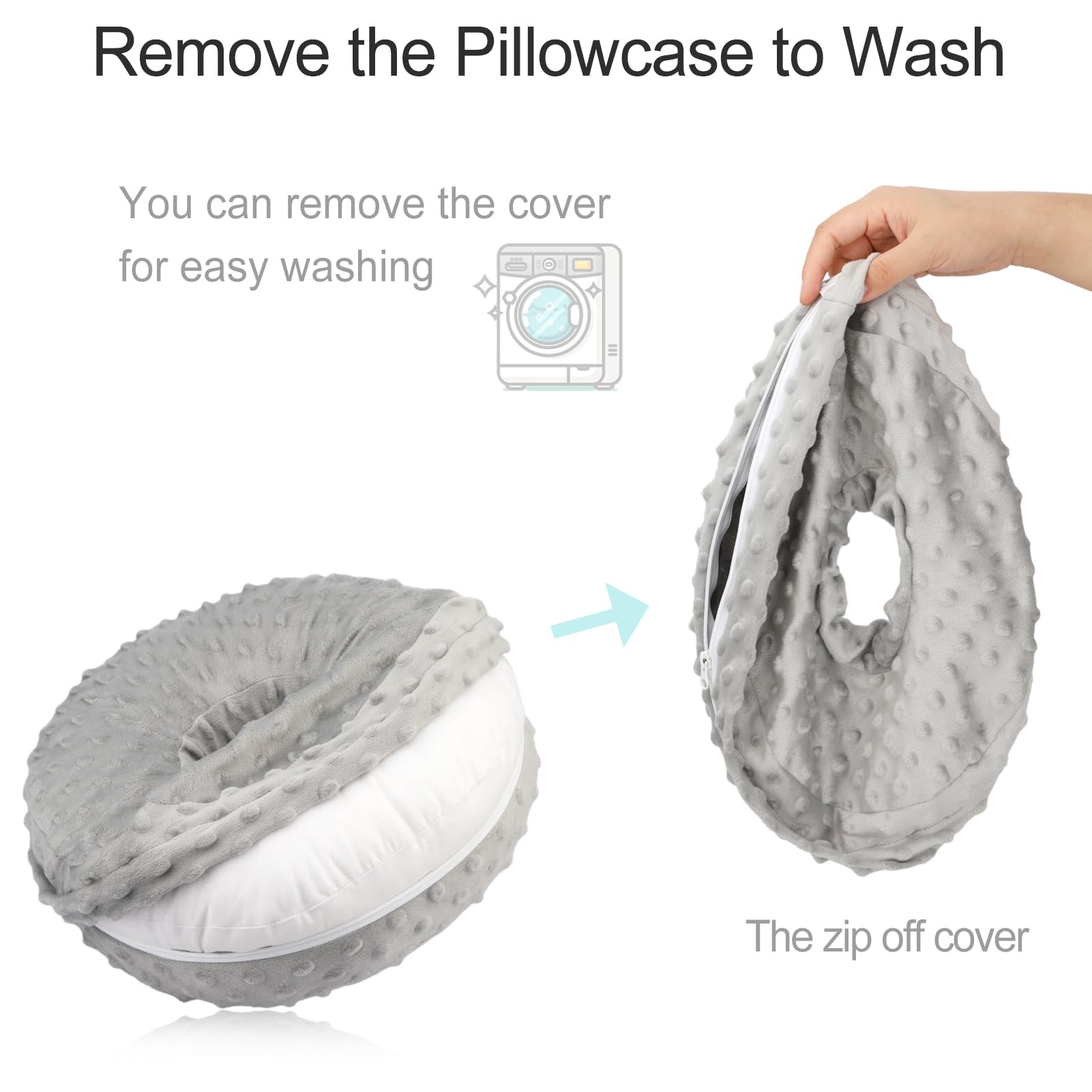 Ear Piercing Pillow for Side Sleepers - Soft Minky Dot Donut Pillow with Washable Cover for Ear Pain Relief & Pressure Sores Prevention - Light Gray - Perfect for Post-Piercing Care, Tummy Time & Comfortable Sleeping