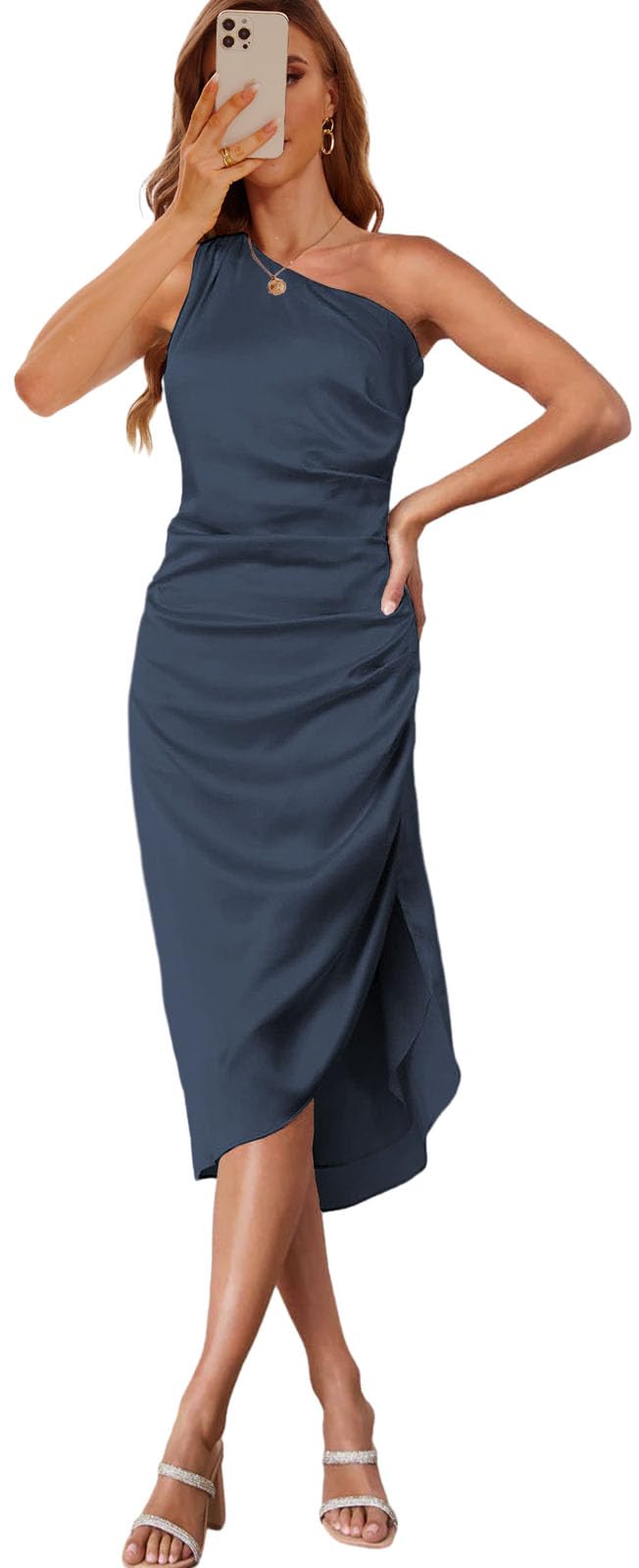 Zoghoo Women's Satin Bridesmaid Dress One Shoulder Formal Evening Gown with High Slit - Mid Length Wedding Guest Dress for Bridal Party, Prom, Cocktail Events